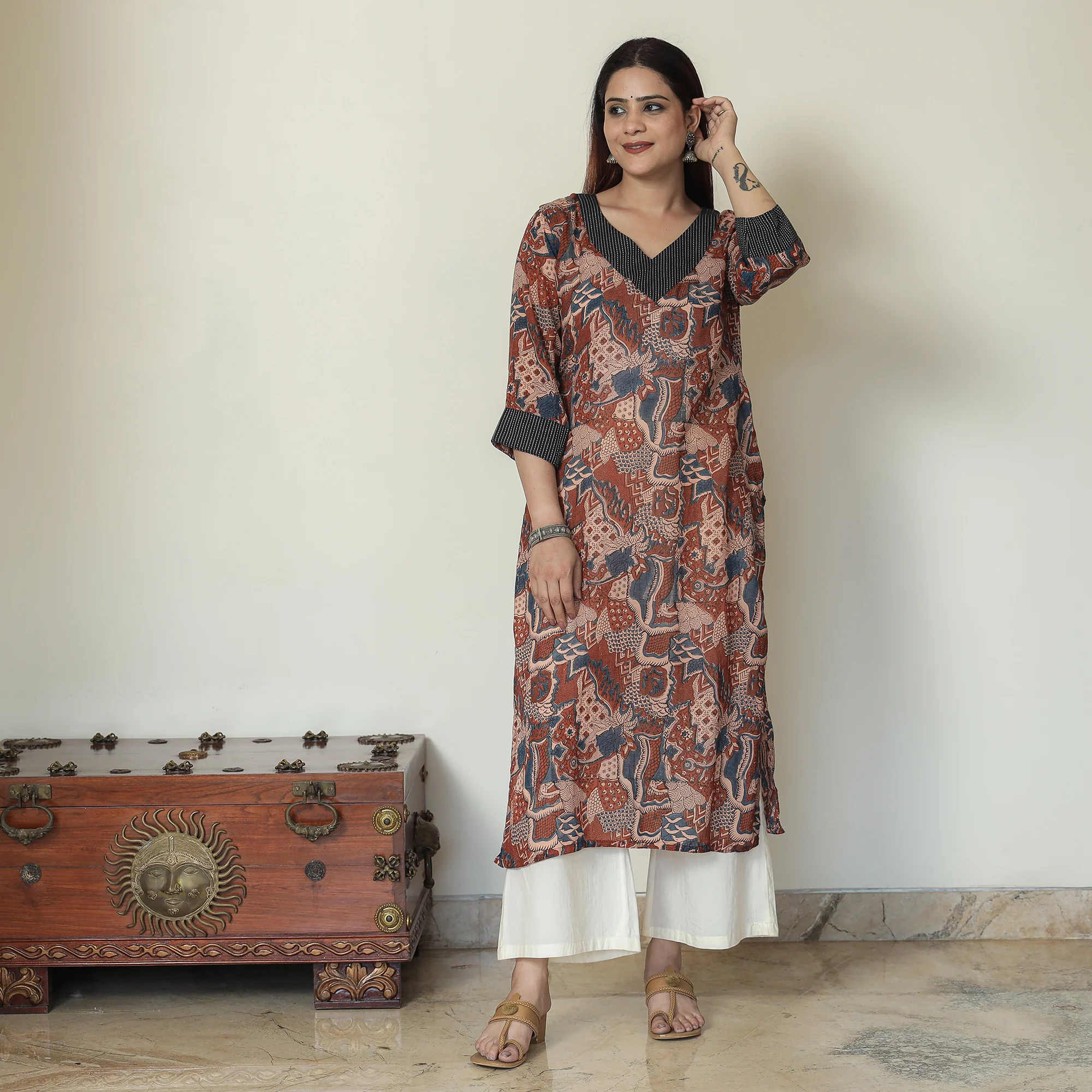 Brown - Ajrakh Block Printed Mul Cotton Straight Kurta 12 - Image 2