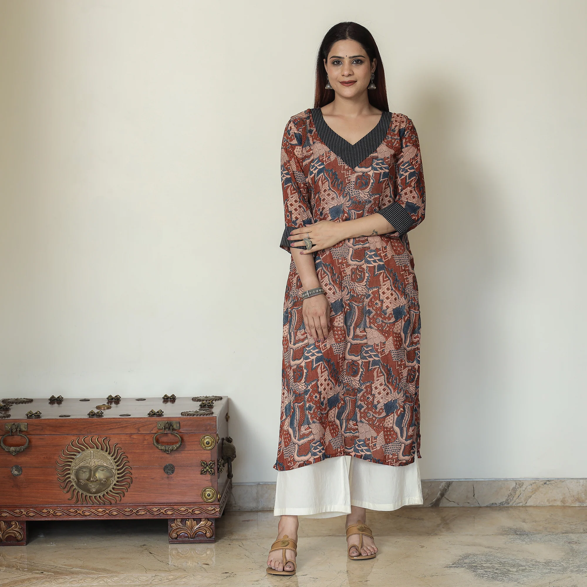 Brown - Ajrakh Block Printed Mul Cotton Straight Kurta 12 - Image 3