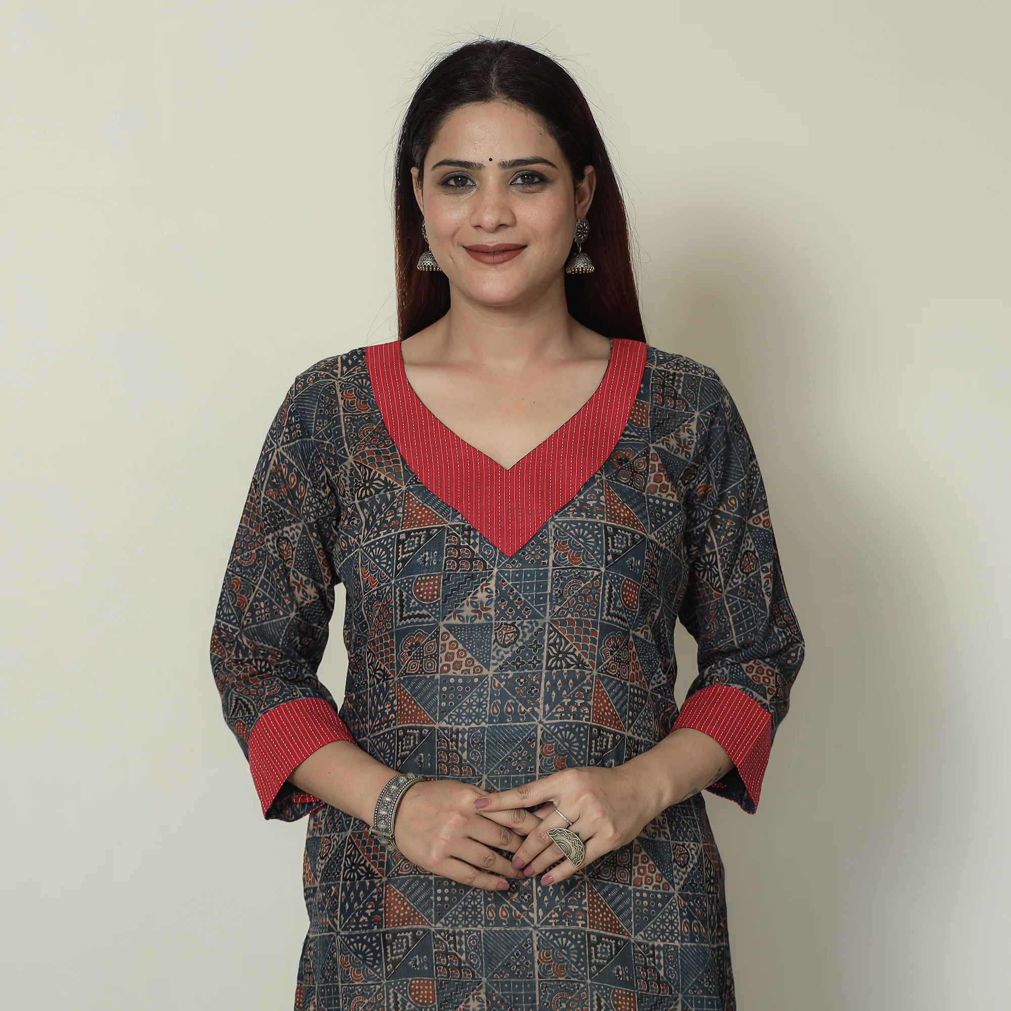 Blue - Ajrakh Block Printed Mul Cotton Straight Kurta 14