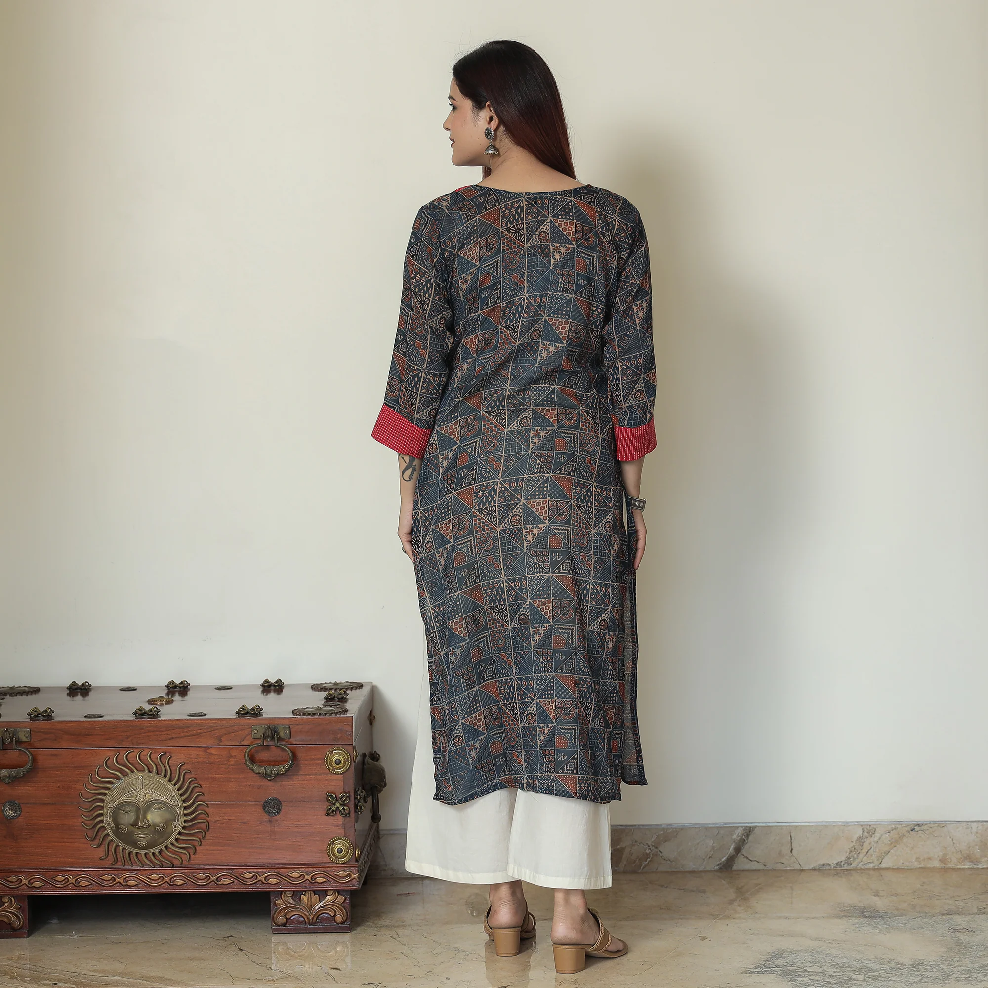 Blue - Ajrakh Block Printed Mul Cotton Straight Kurta 14 - Image 4