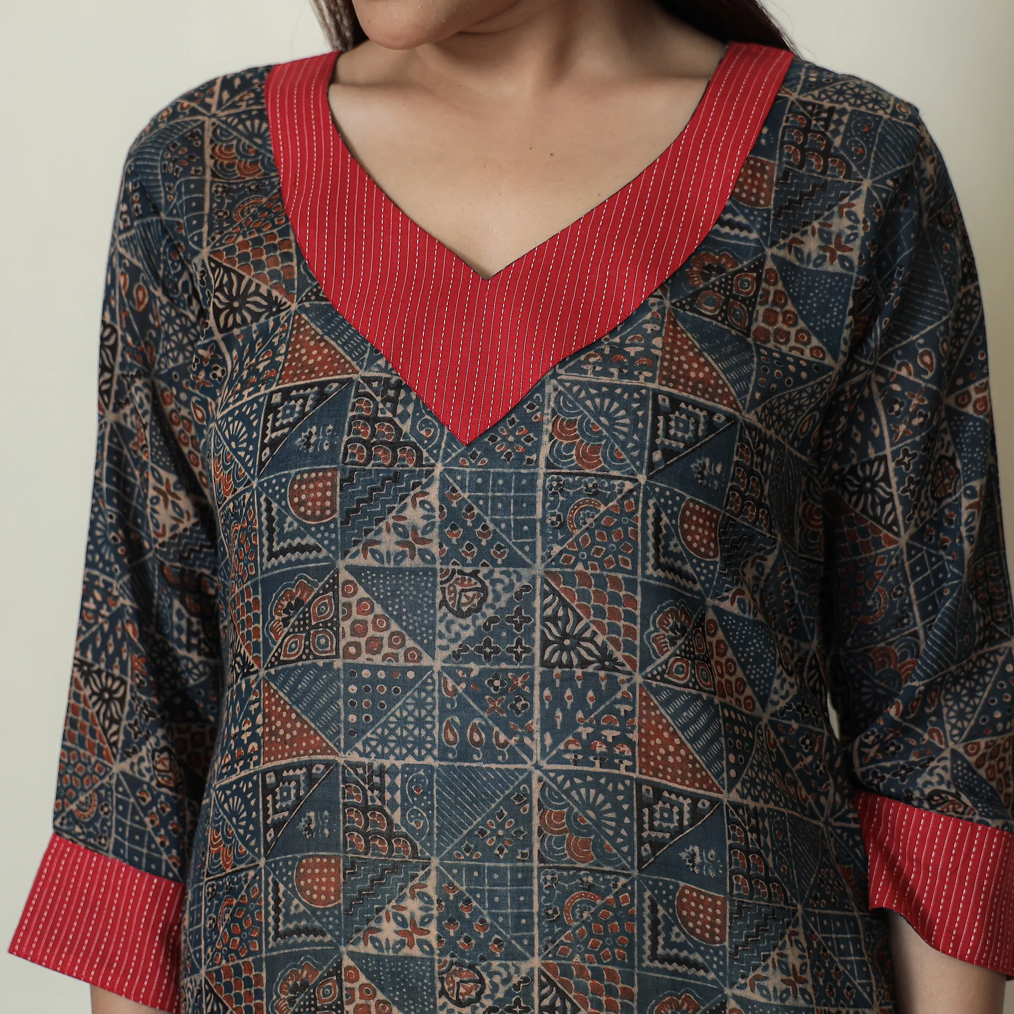 Blue - Ajrakh Block Printed Mul Cotton Straight Kurta 14 - Image 6