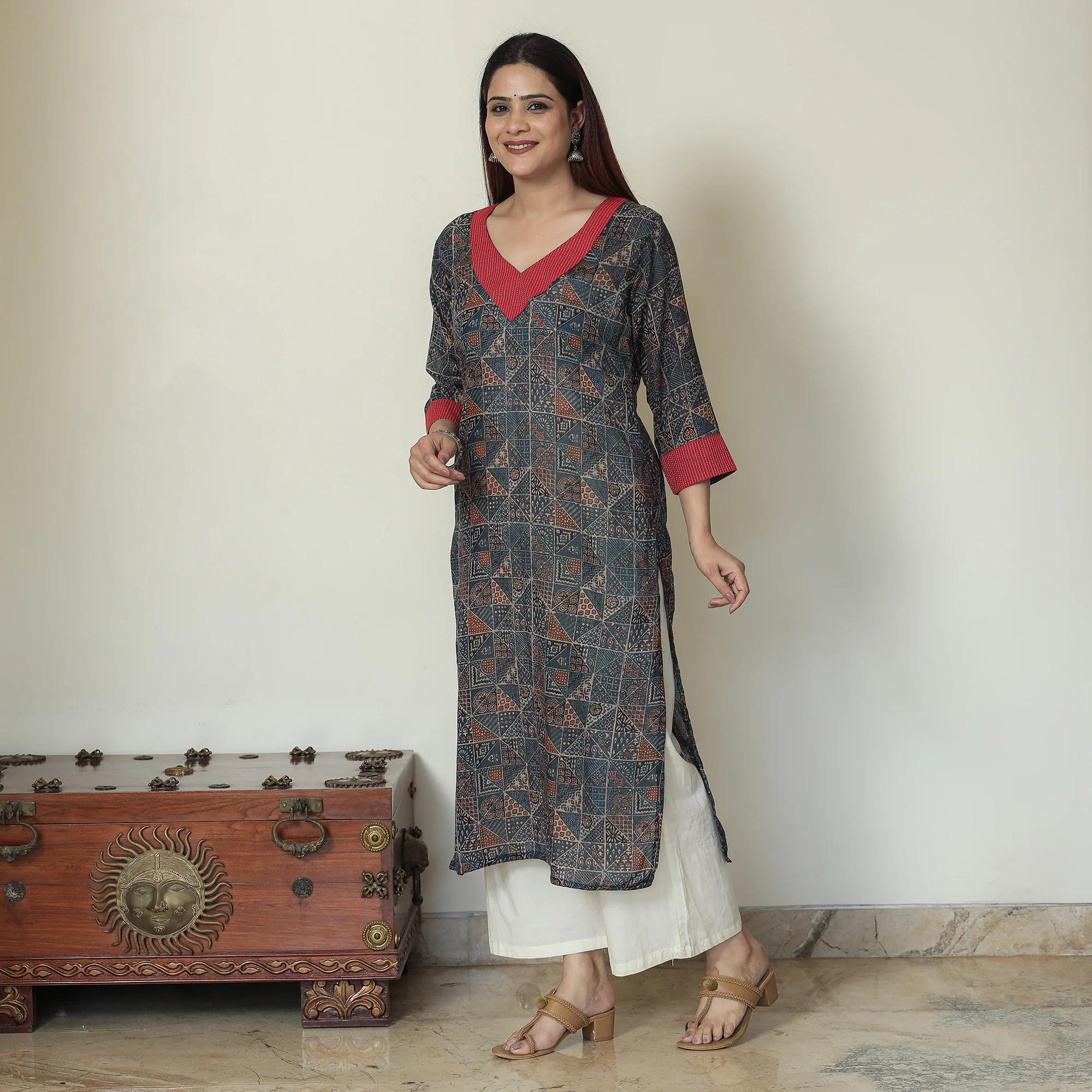 Blue - Ajrakh Block Printed Mul Cotton Straight Kurta 14 - Image 8