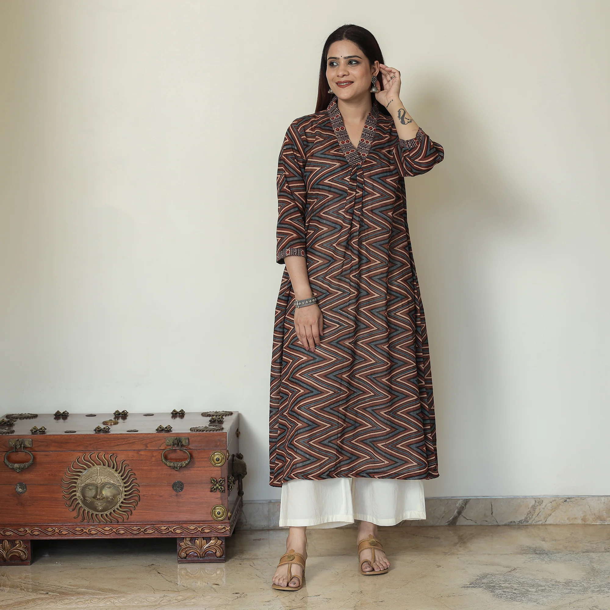 Brown - Ajrakh Block Printed Mul Cotton A-Line Kurta 04