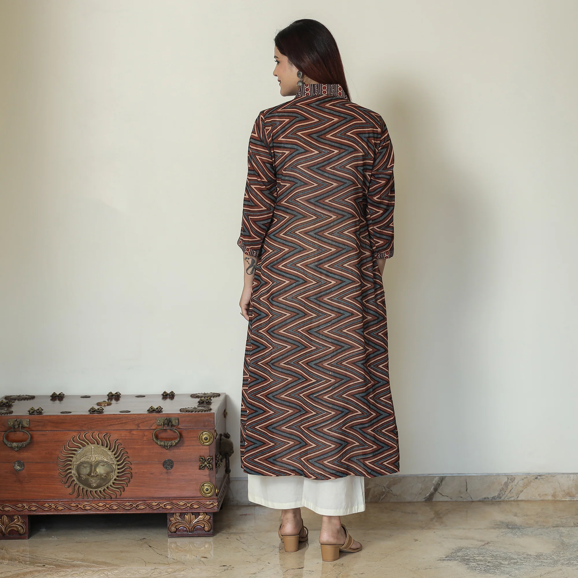 Brown - Ajrakh Block Printed Mul Cotton A-Line Kurta 04 - Image 8