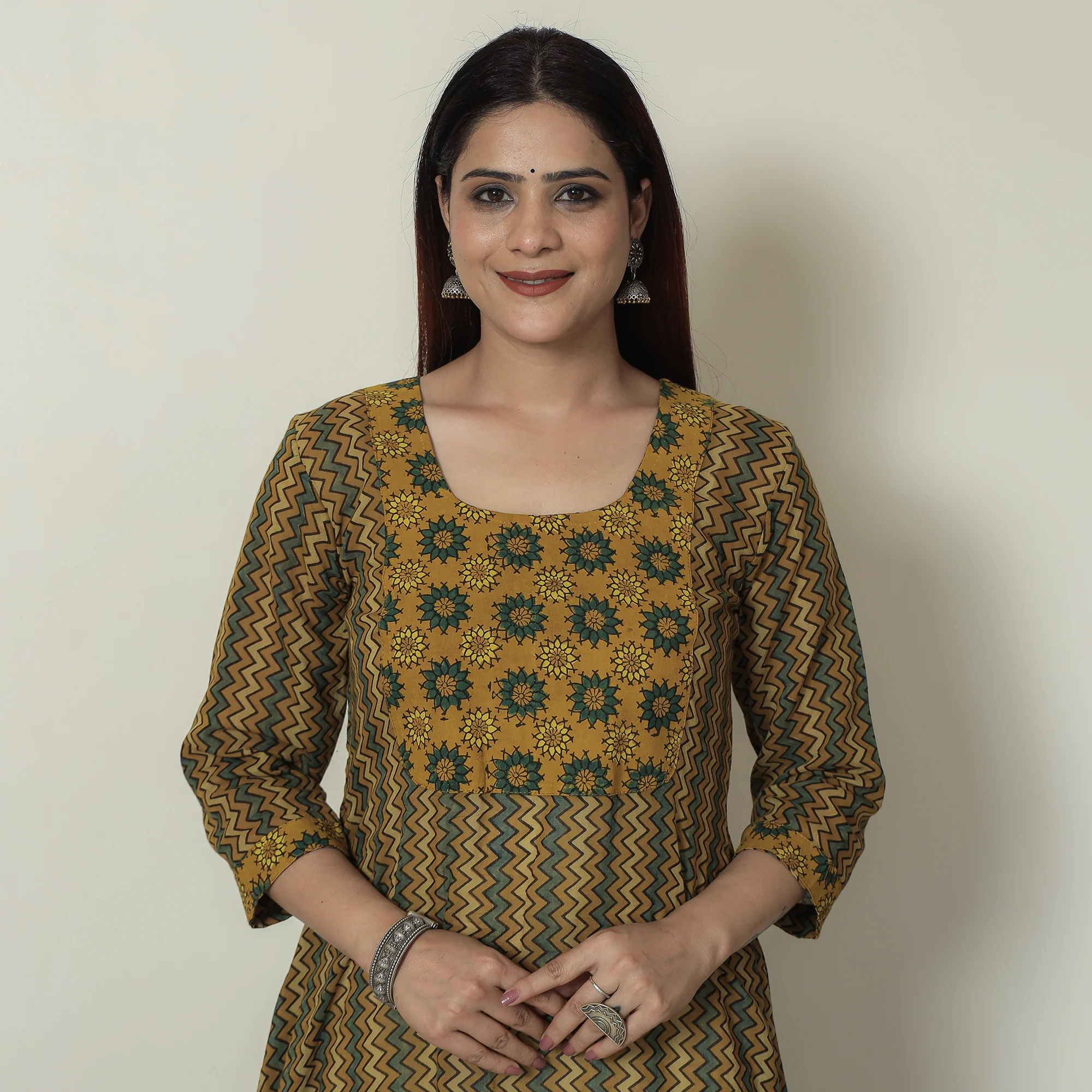 Yellow - Ajrakh Block Printed Mul Cotton A-Line Kurta 06
