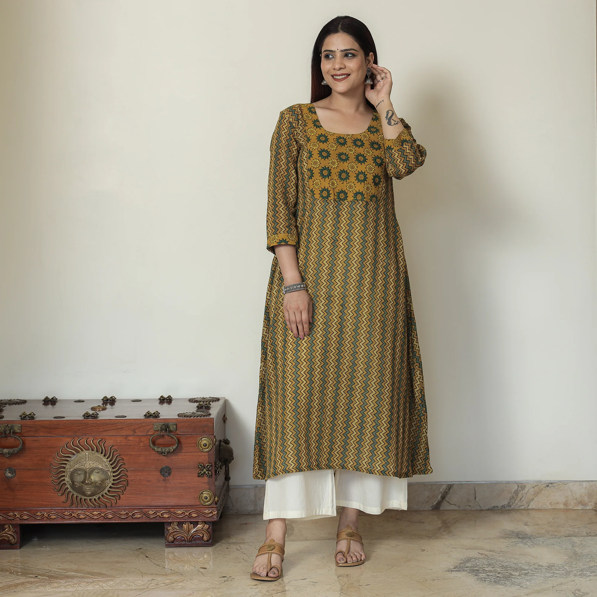 Yellow - Ajrakh Block Printed Mul Cotton A-Line Kurta 06 - Image 2