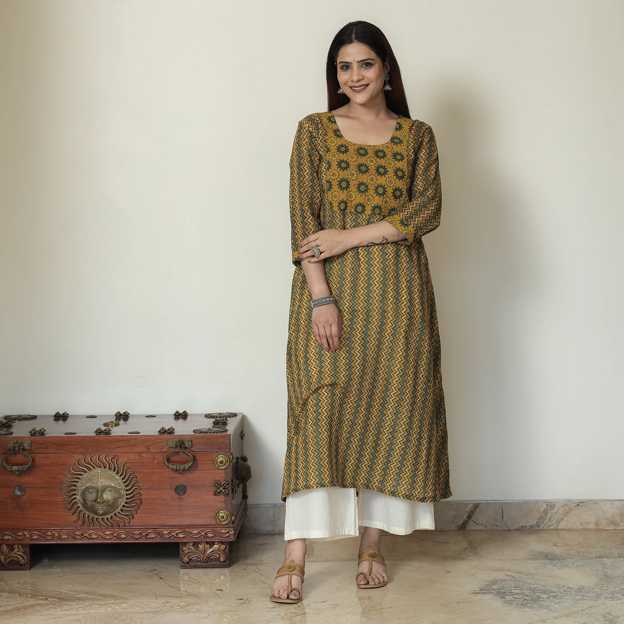 Yellow - Ajrakh Block Printed Mul Cotton A-Line Kurta 06 - Image 3