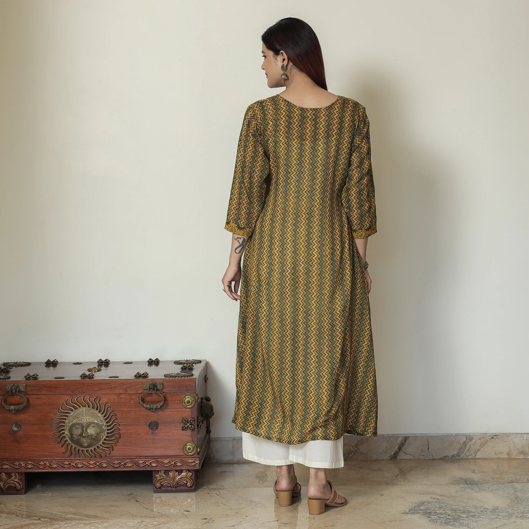 Yellow - Ajrakh Block Printed Mul Cotton A-Line Kurta 06 - Image 4