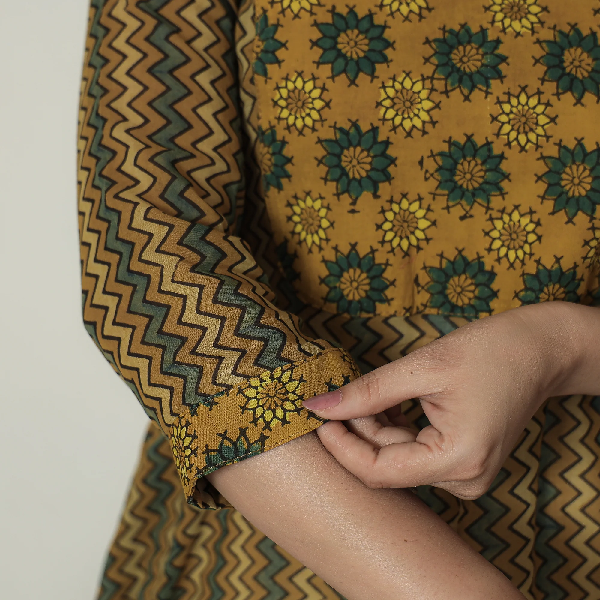 Yellow - Ajrakh Block Printed Mul Cotton A-Line Kurta 06 - Image 5