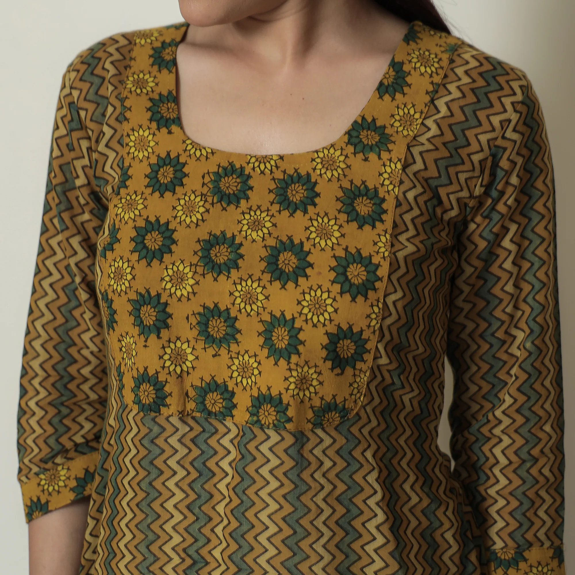 Yellow - Ajrakh Block Printed Mul Cotton A-Line Kurta 06 - Image 6