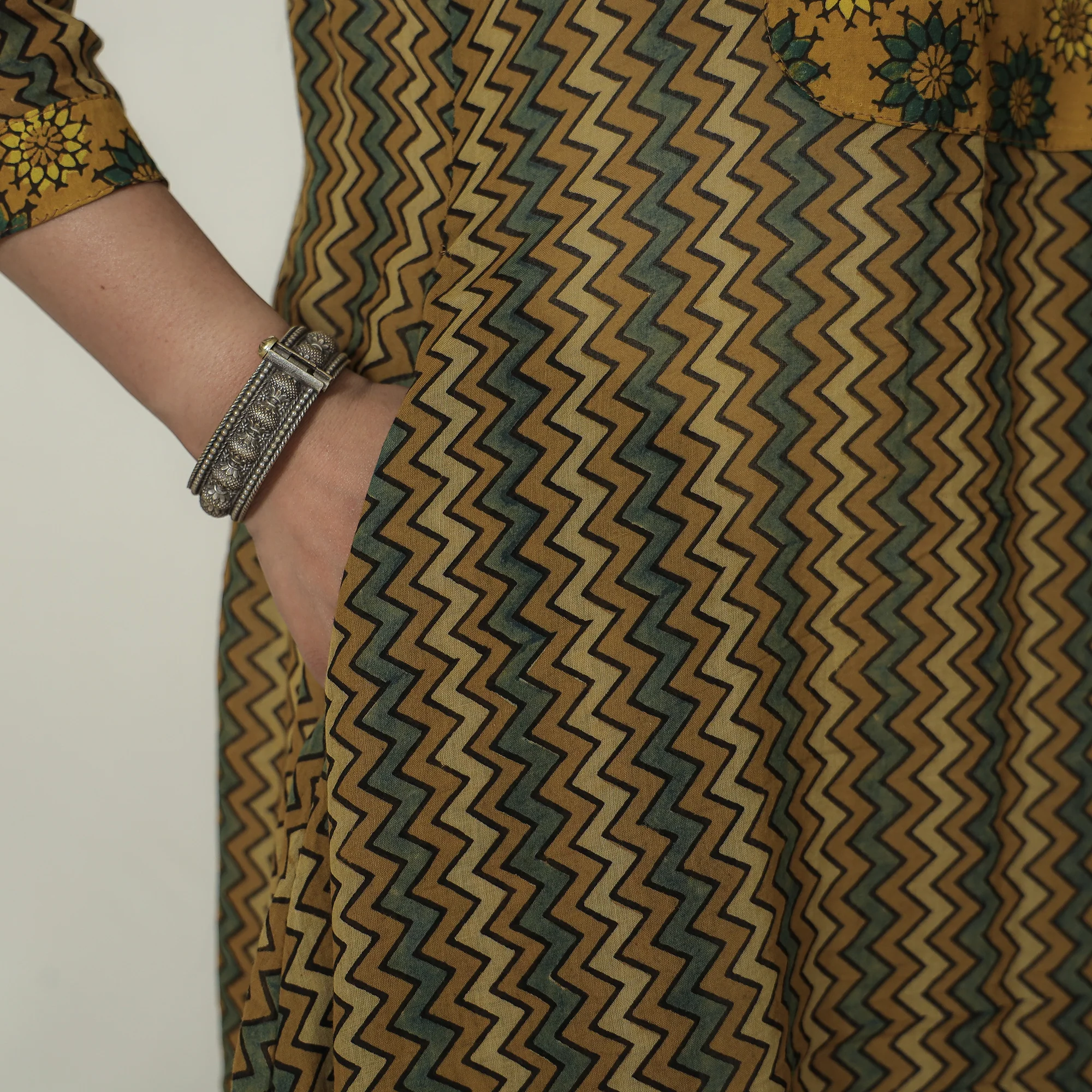 Yellow - Ajrakh Block Printed Mul Cotton A-Line Kurta 06 - Image 7