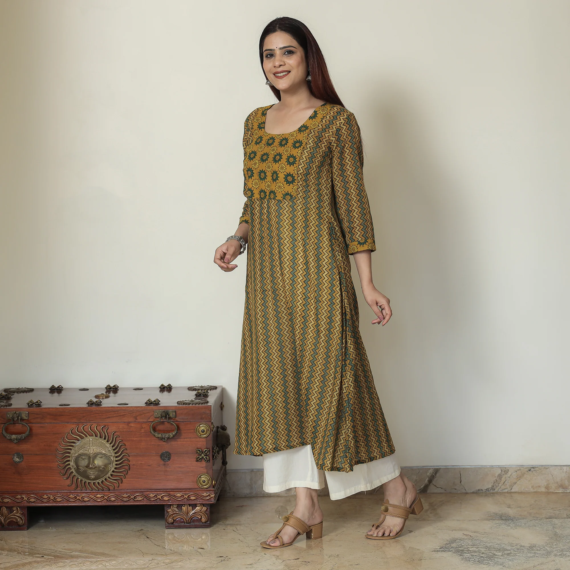 Yellow - Ajrakh Block Printed Mul Cotton A-Line Kurta 06 - Image 8