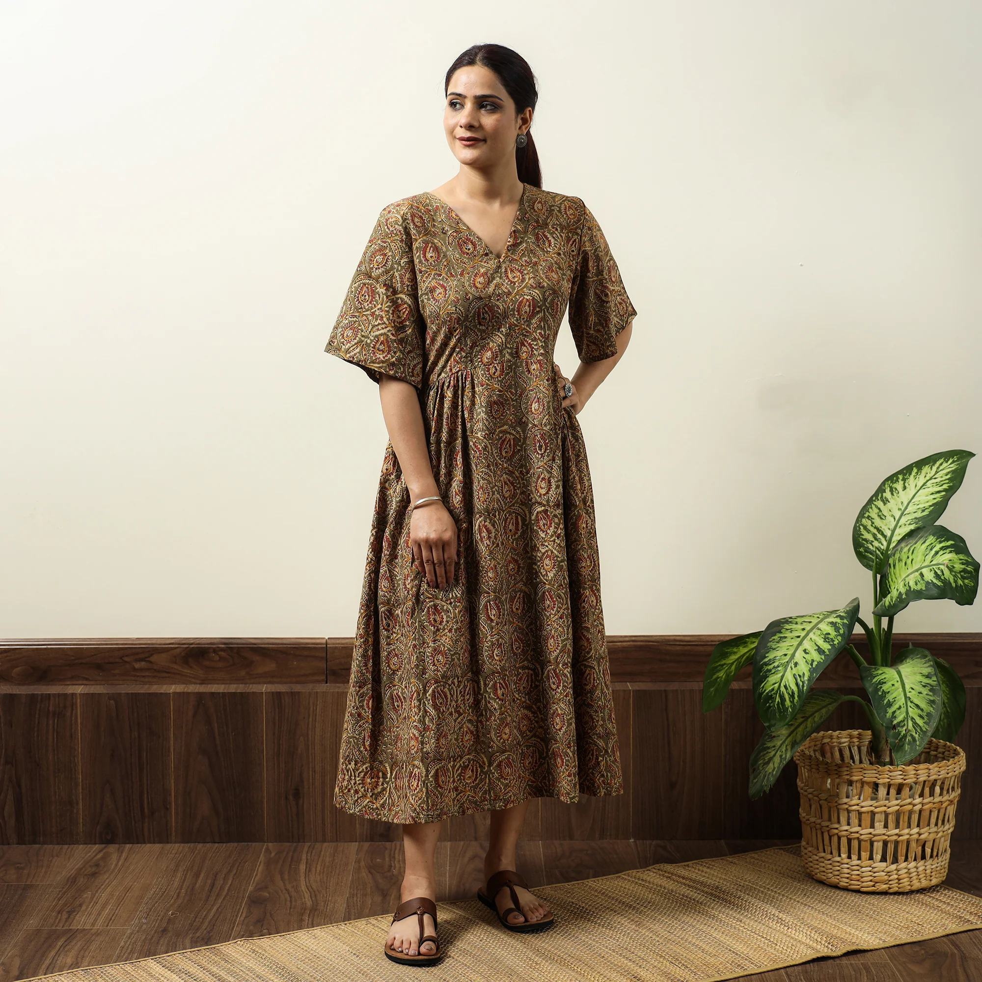 Brown - Kalamkari Block Printed Cotton Flared Gher Dress 01 - Image 3