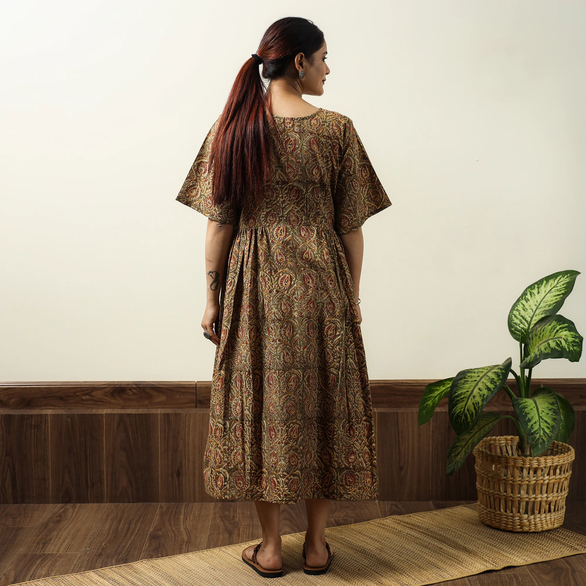 Brown - Kalamkari Block Printed Cotton Flared Gher Dress 01 - Image 4