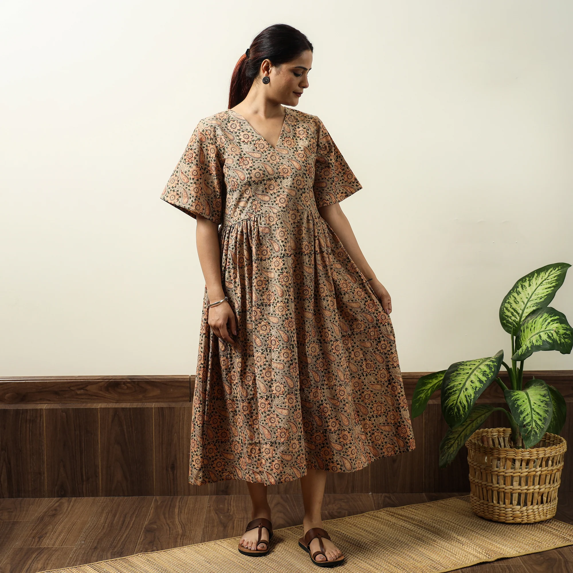 Multicolor - Beige - Kalamkari Block Printed Cotton Flared Gher Dress 02