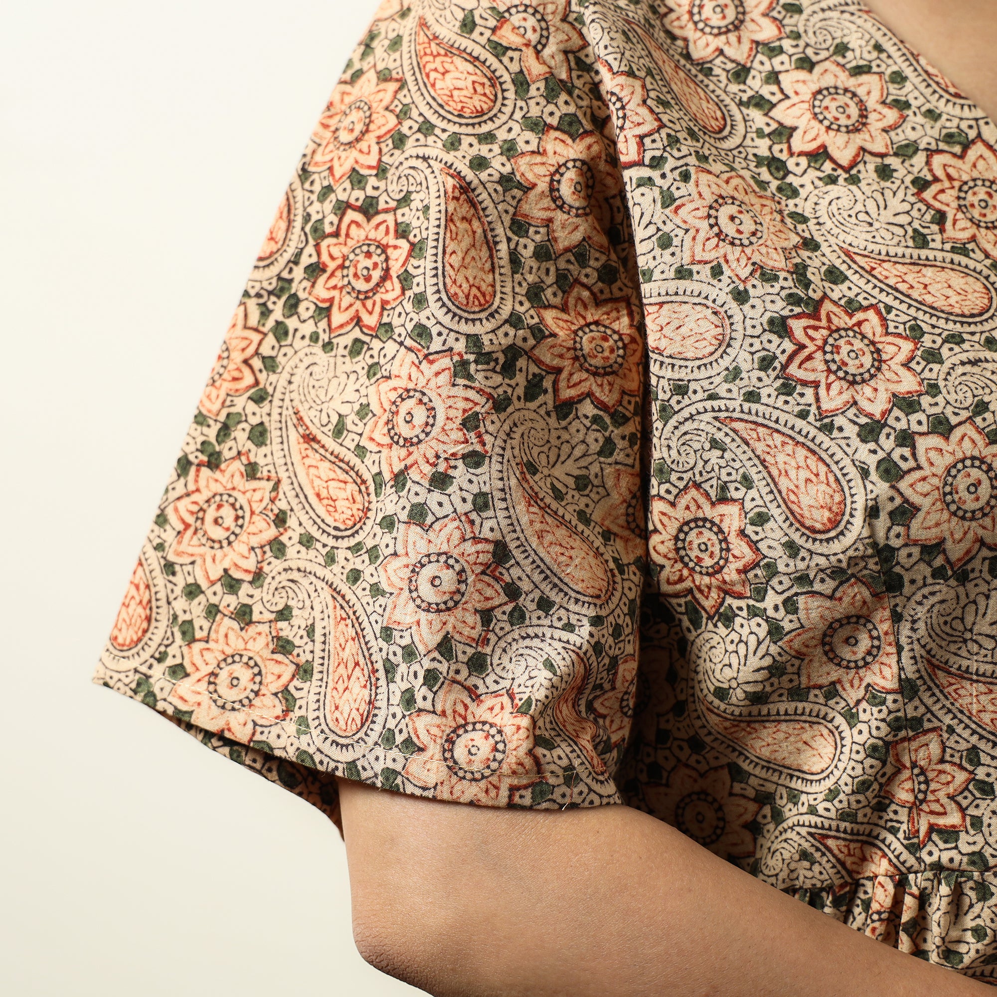 Multicolor - Beige - Kalamkari Block Printed Cotton Flared Gher Dress 02 - Image 5