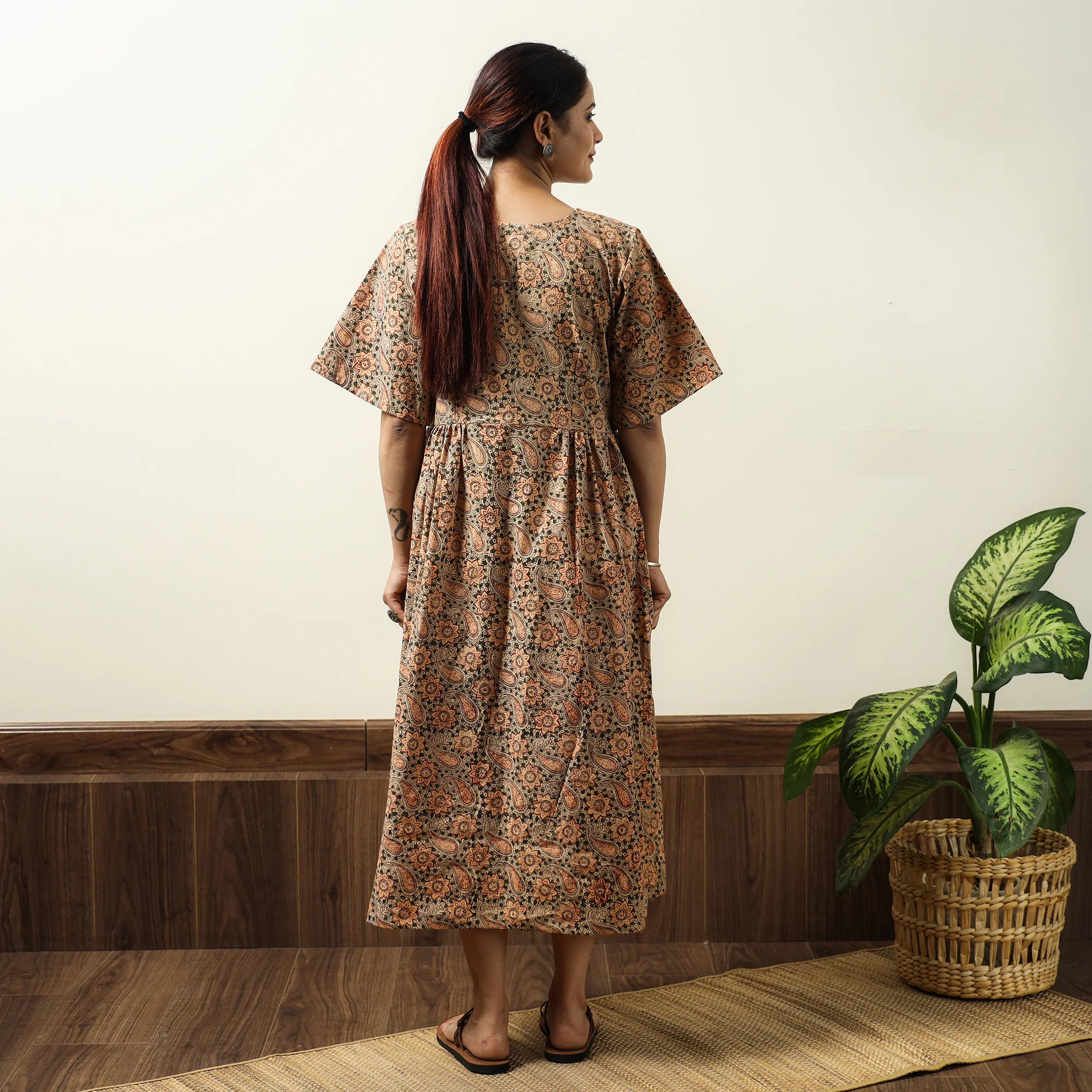 Multicolor - Beige - Kalamkari Block Printed Cotton Flared Gher Dress 02 - Image 6
