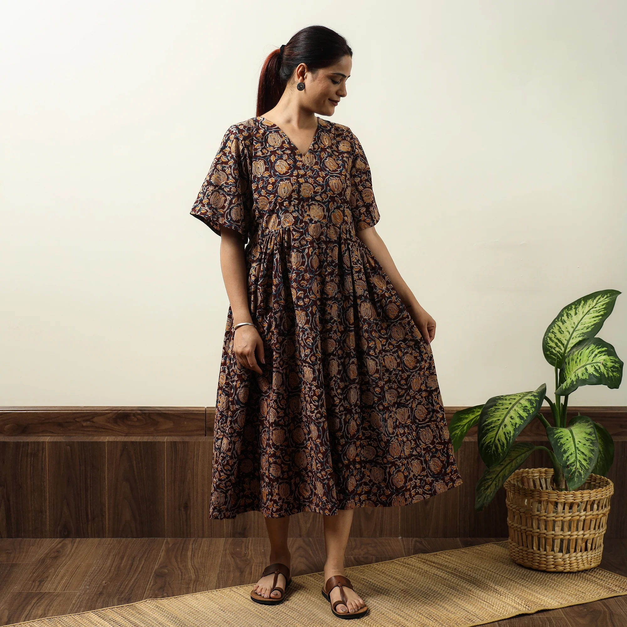 Brown - Maroon - Kalamkari Block Printed Cotton Flared Gher Dress 05