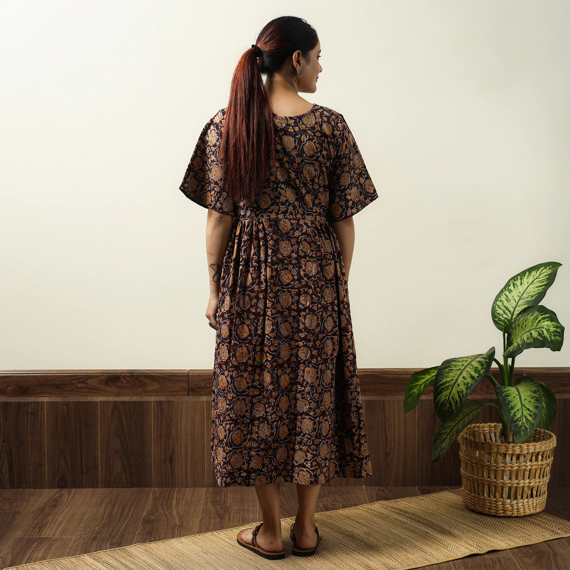 Brown - Maroon - Kalamkari Block Printed Cotton Flared Gher Dress 05 - Image 6