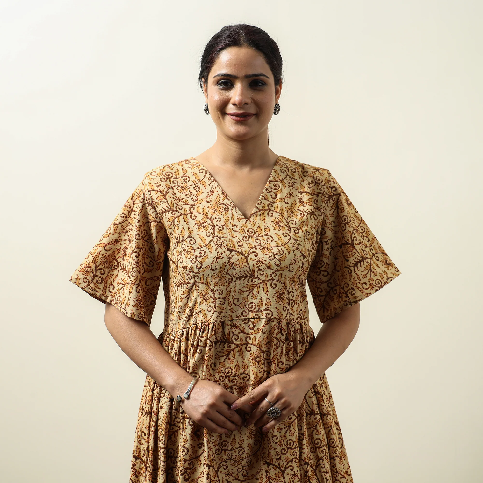 Beige - Kalamkari Block Printed Cotton Flared Gher Dress 06 - Image 3