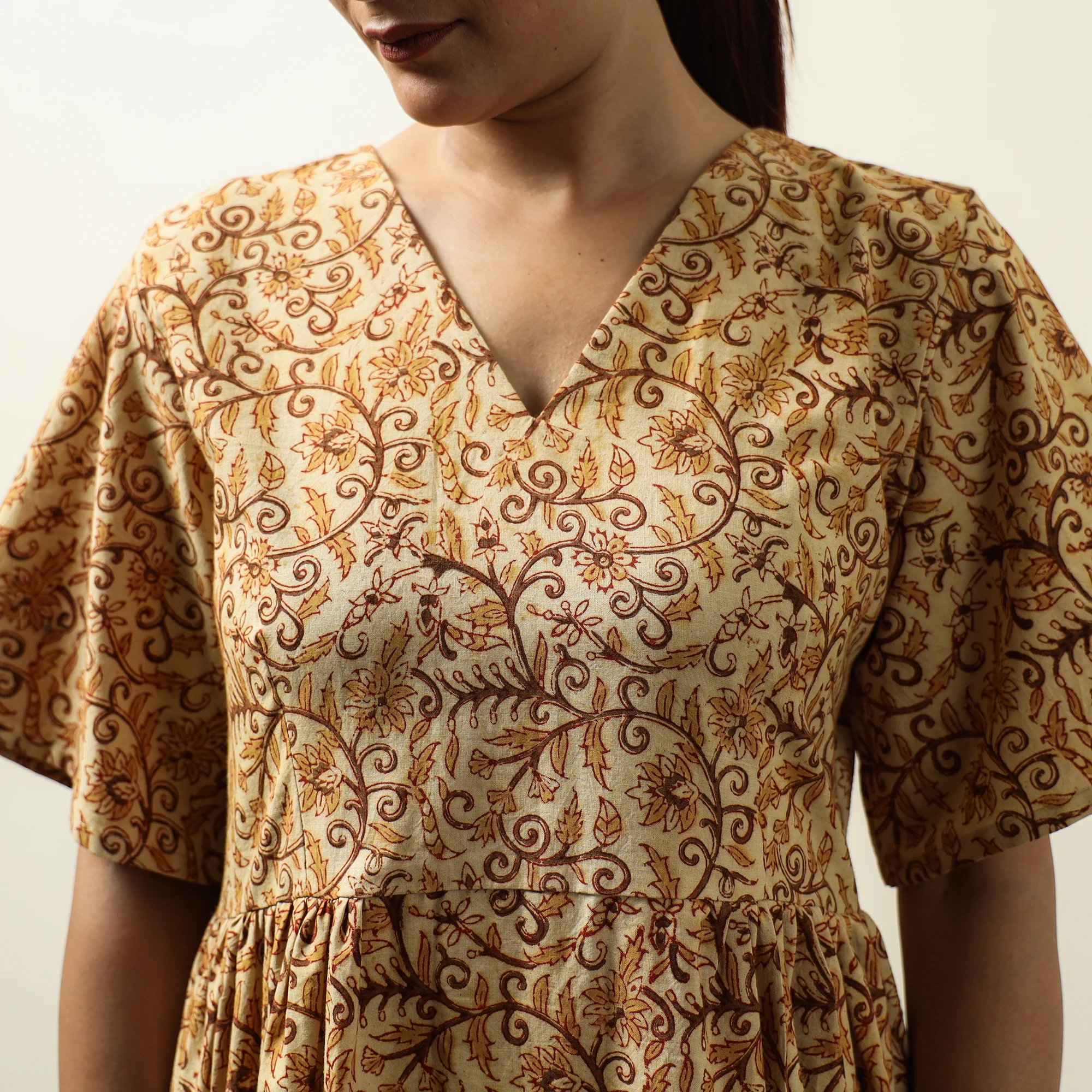 Beige - Kalamkari Block Printed Cotton Flared Gher Dress 06 - Image 4