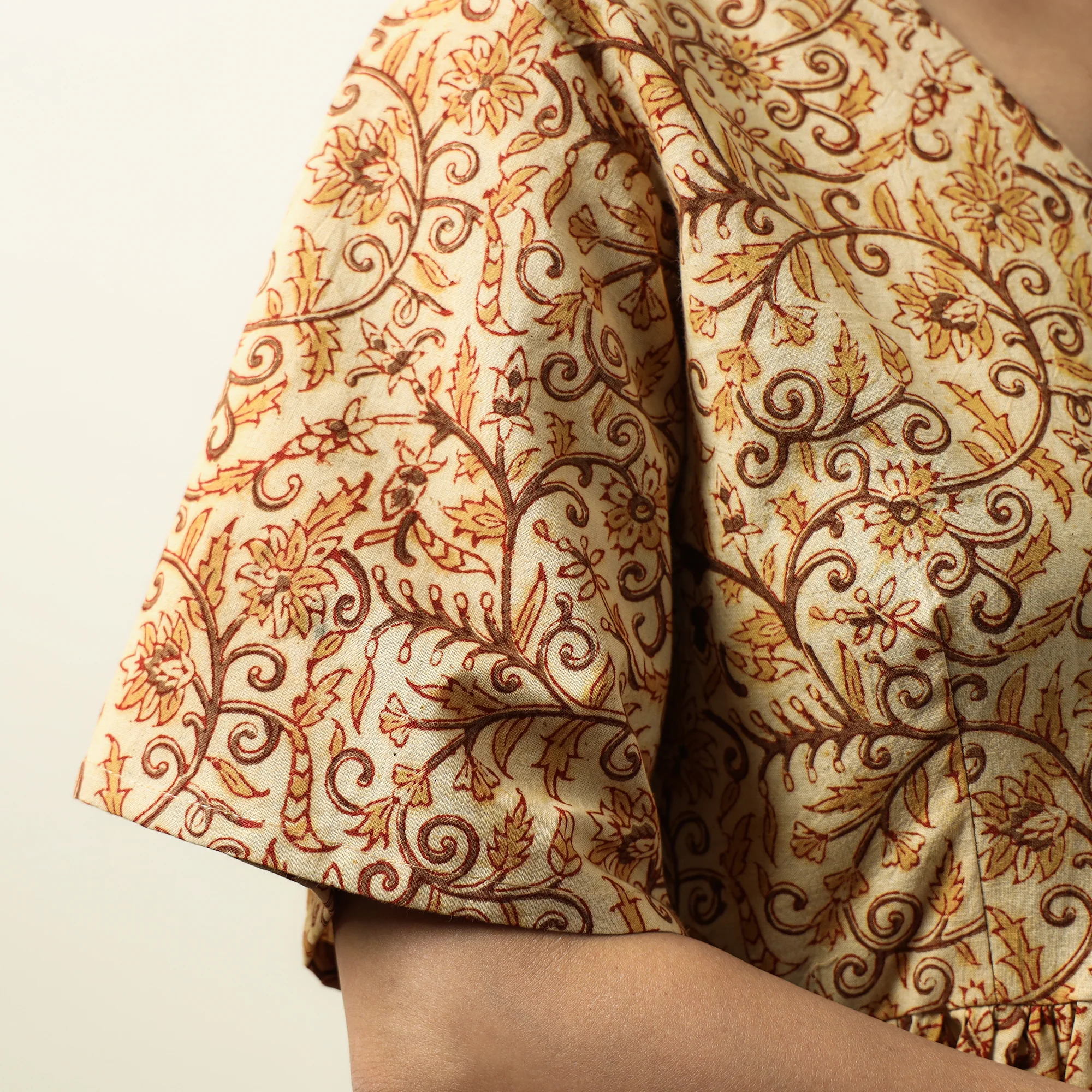 Beige - Kalamkari Block Printed Cotton Flared Gher Dress 06 - Image 5