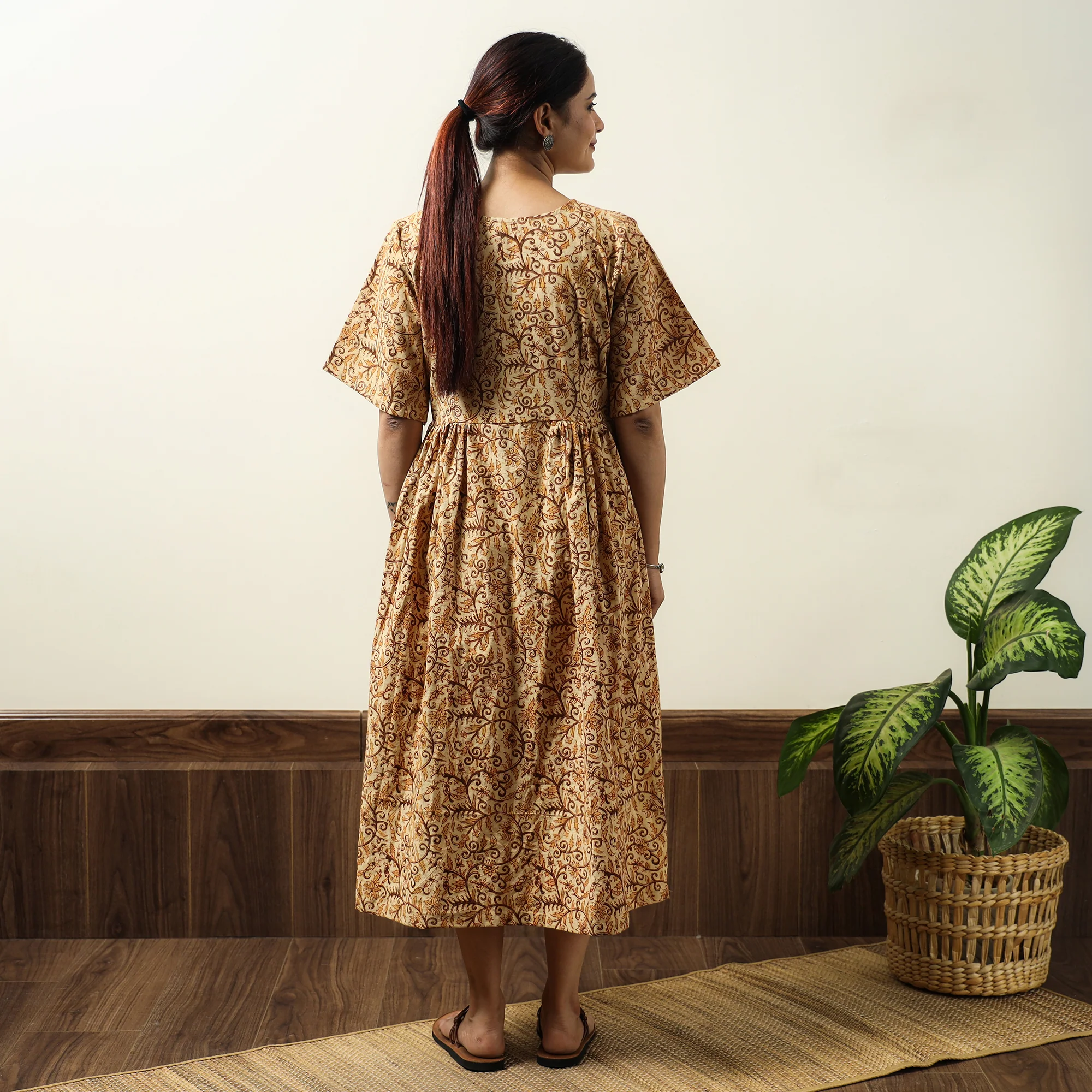 Beige - Kalamkari Block Printed Cotton Flared Gher Dress 06 - Image 6