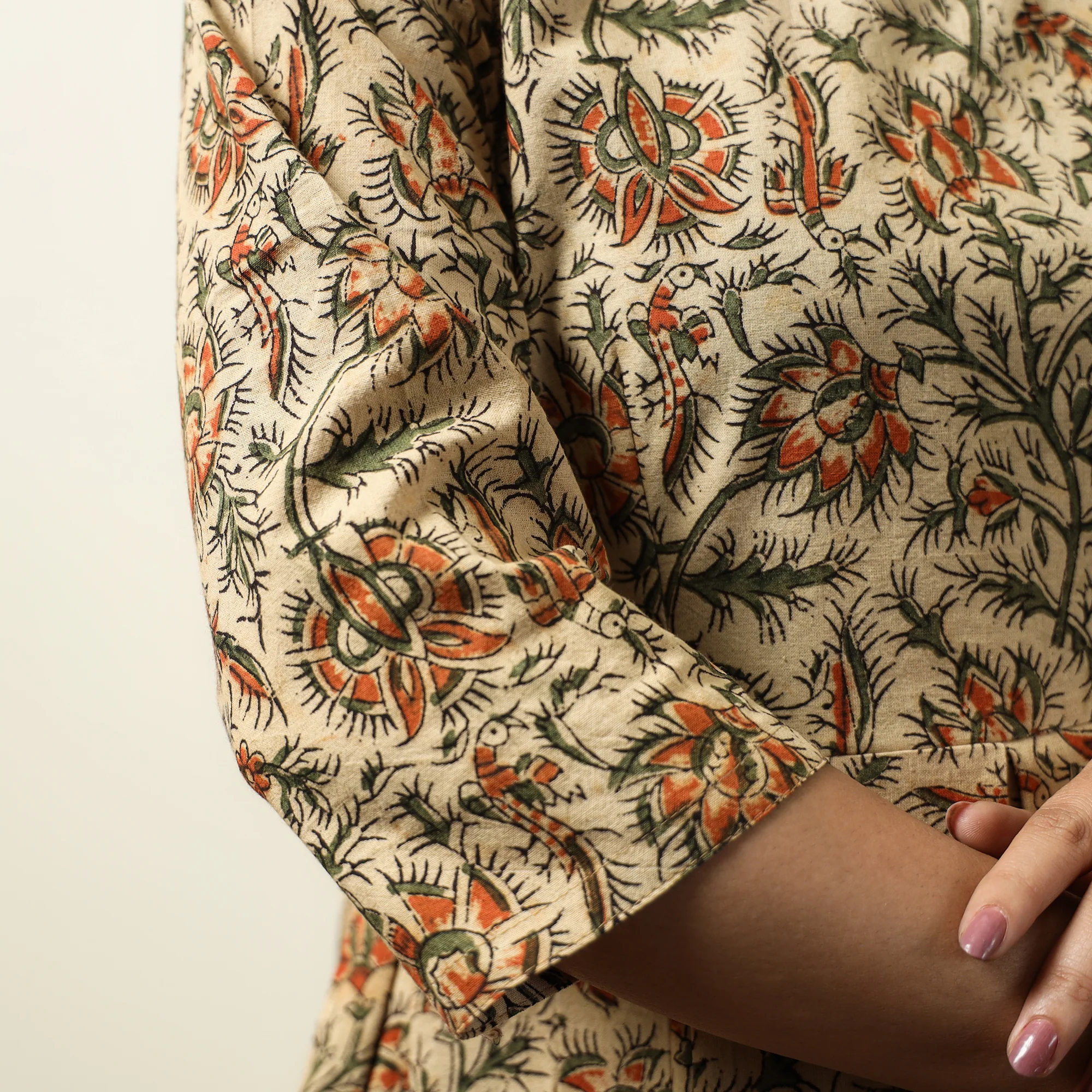Beige - Kalamkari Block Printed Cotton Flared Gher Short Dress 08 - Image 5