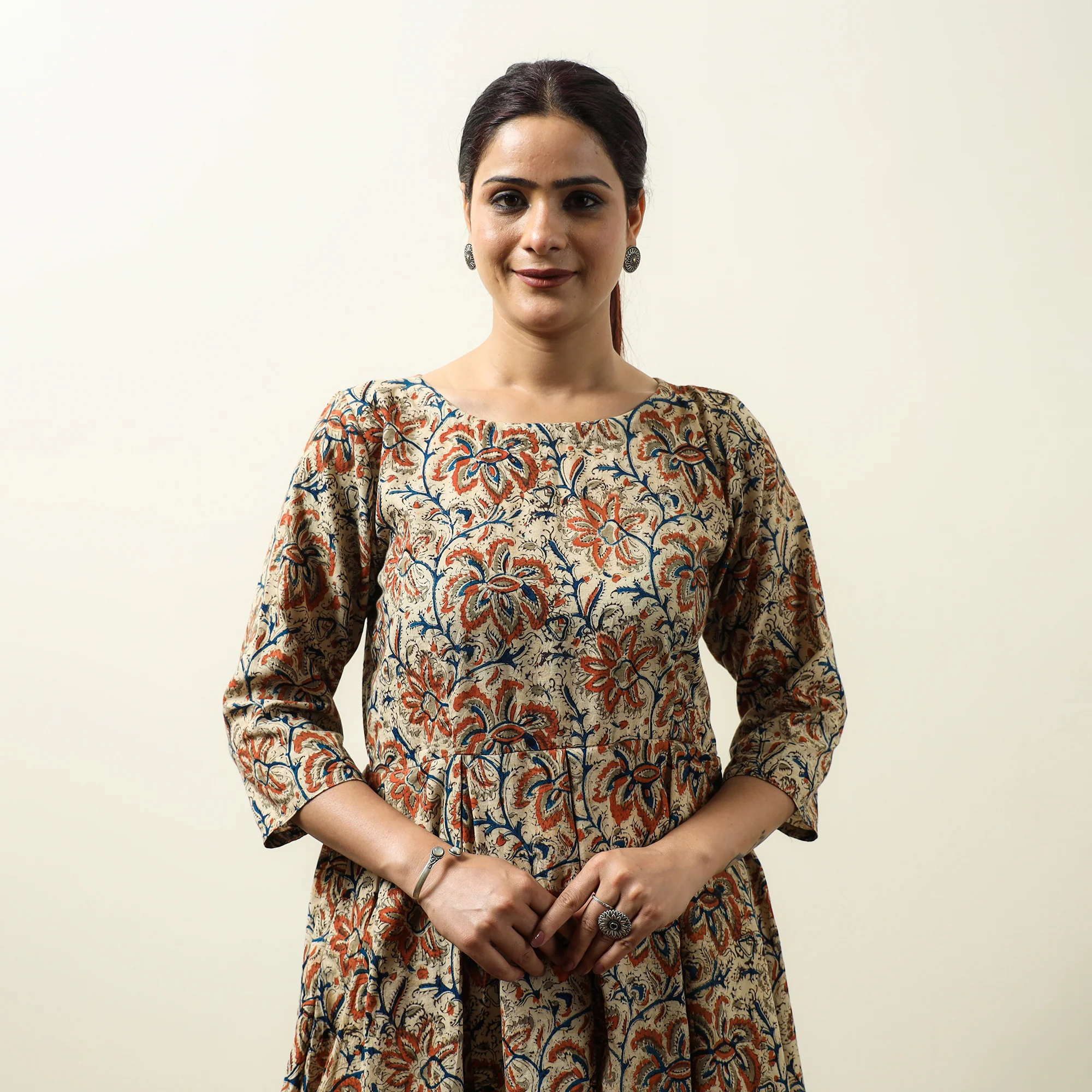 Beige - Kalamkari Block Printed Cotton Flared Gher Short Dress 09