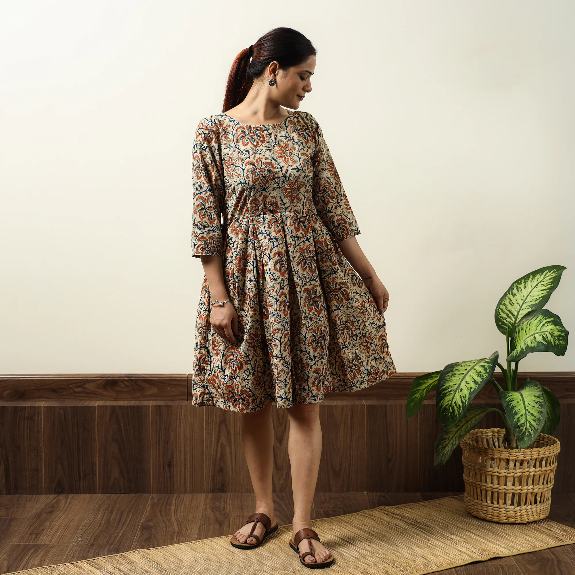Beige - Kalamkari Block Printed Cotton Flared Gher Short Dress 09 - Image 2