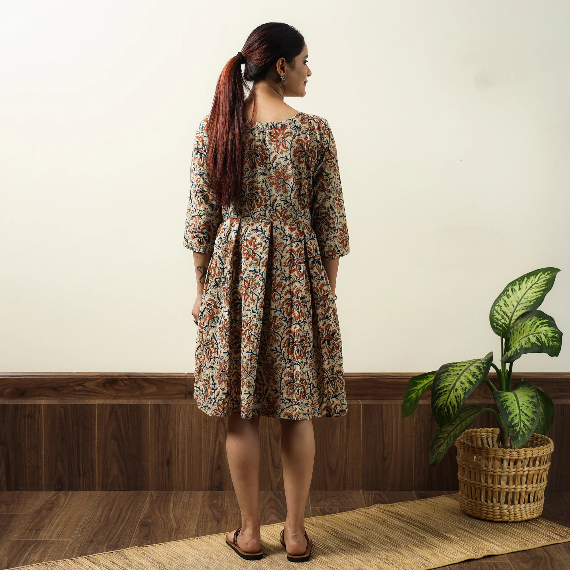 Beige - Kalamkari Block Printed Cotton Flared Gher Short Dress 09 - Image 4