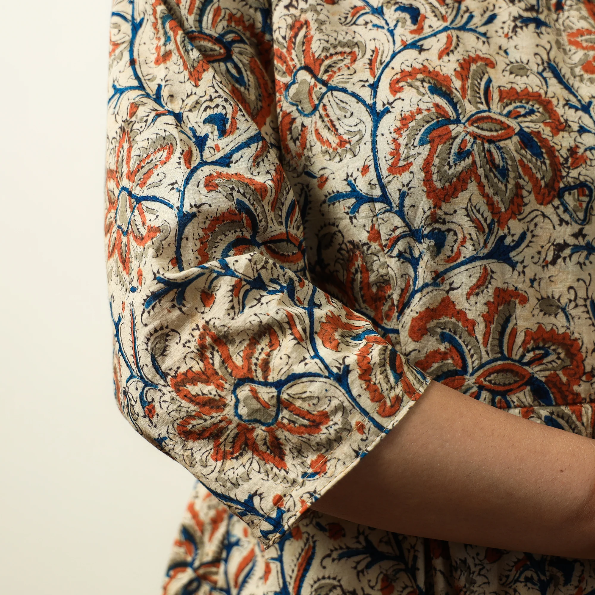 Beige - Kalamkari Block Printed Cotton Flared Gher Short Dress 09 - Image 6