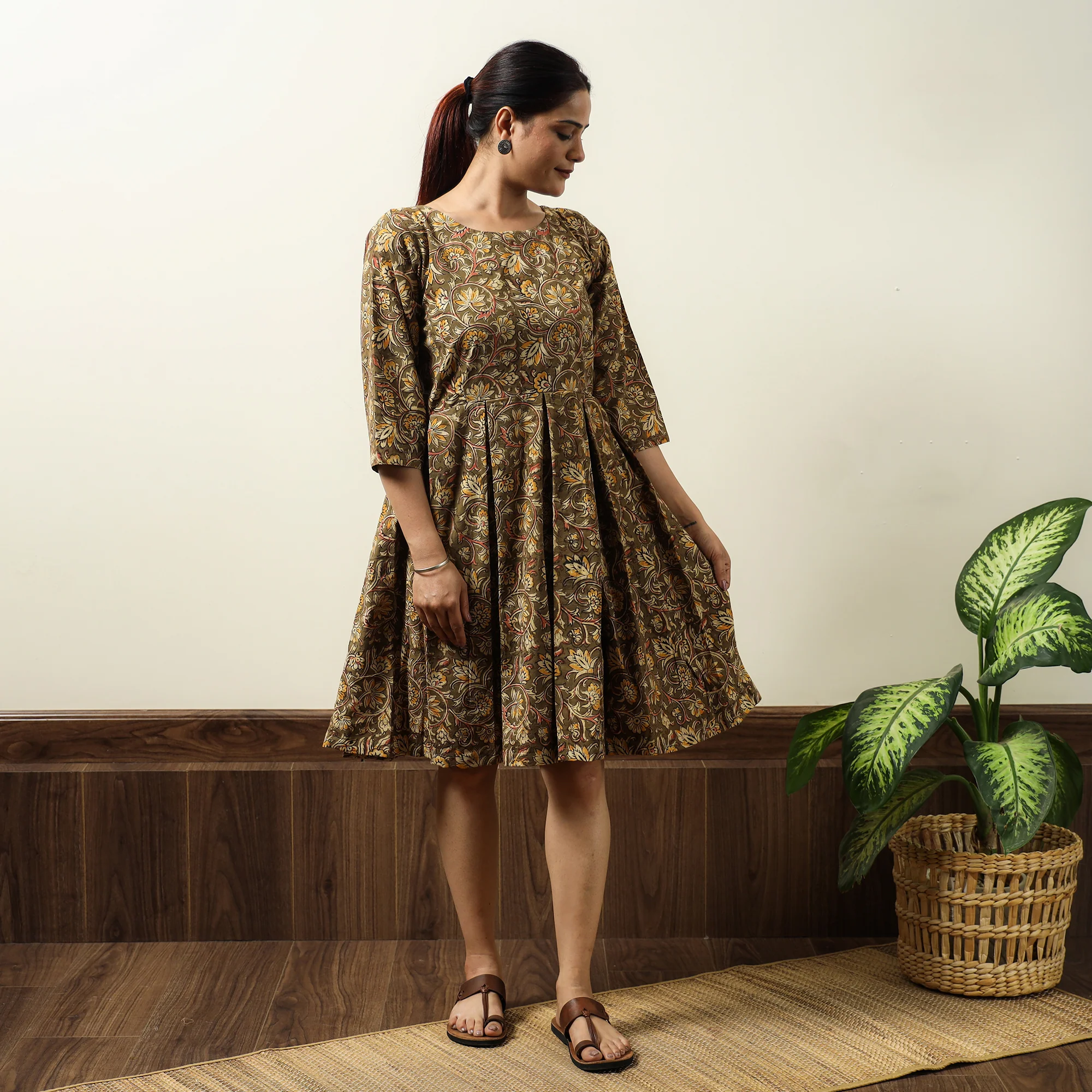 Brown - Kalamkari Block Printed Cotton Flared Gher Short Dress 10
