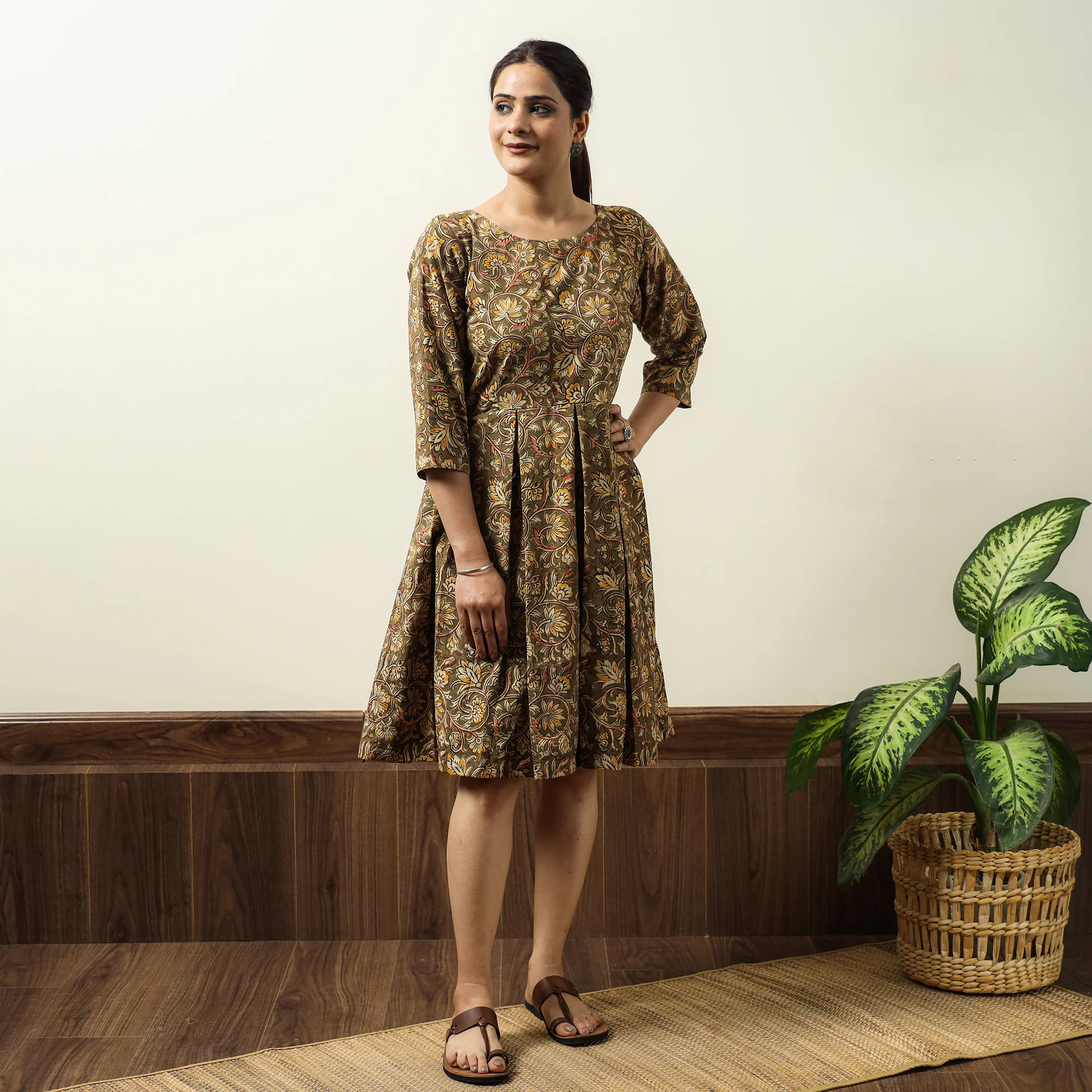 Brown - Kalamkari Block Printed Cotton Flared Gher Short Dress 10 - Image 2