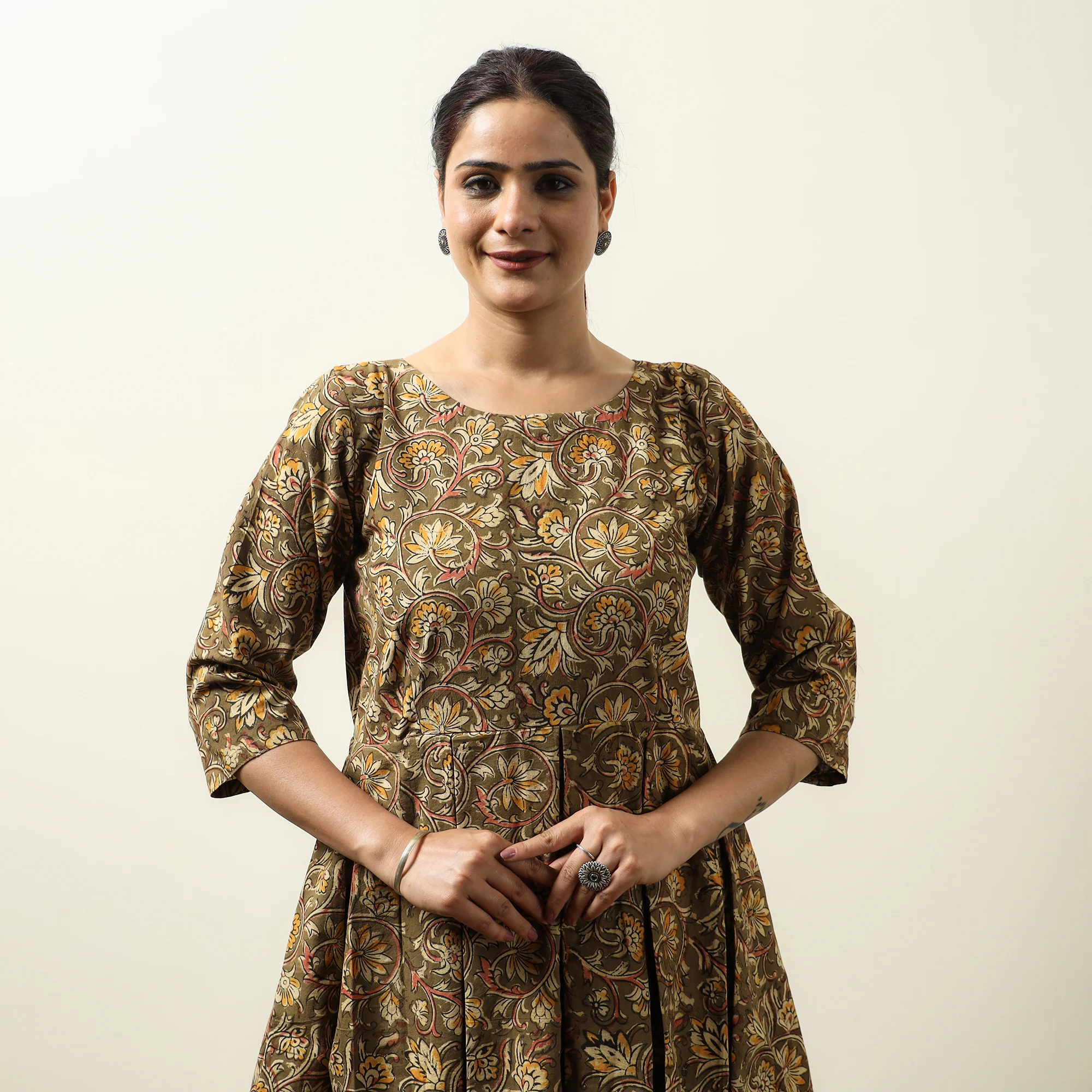 Brown - Kalamkari Block Printed Cotton Flared Gher Short Dress 10 - Image 3