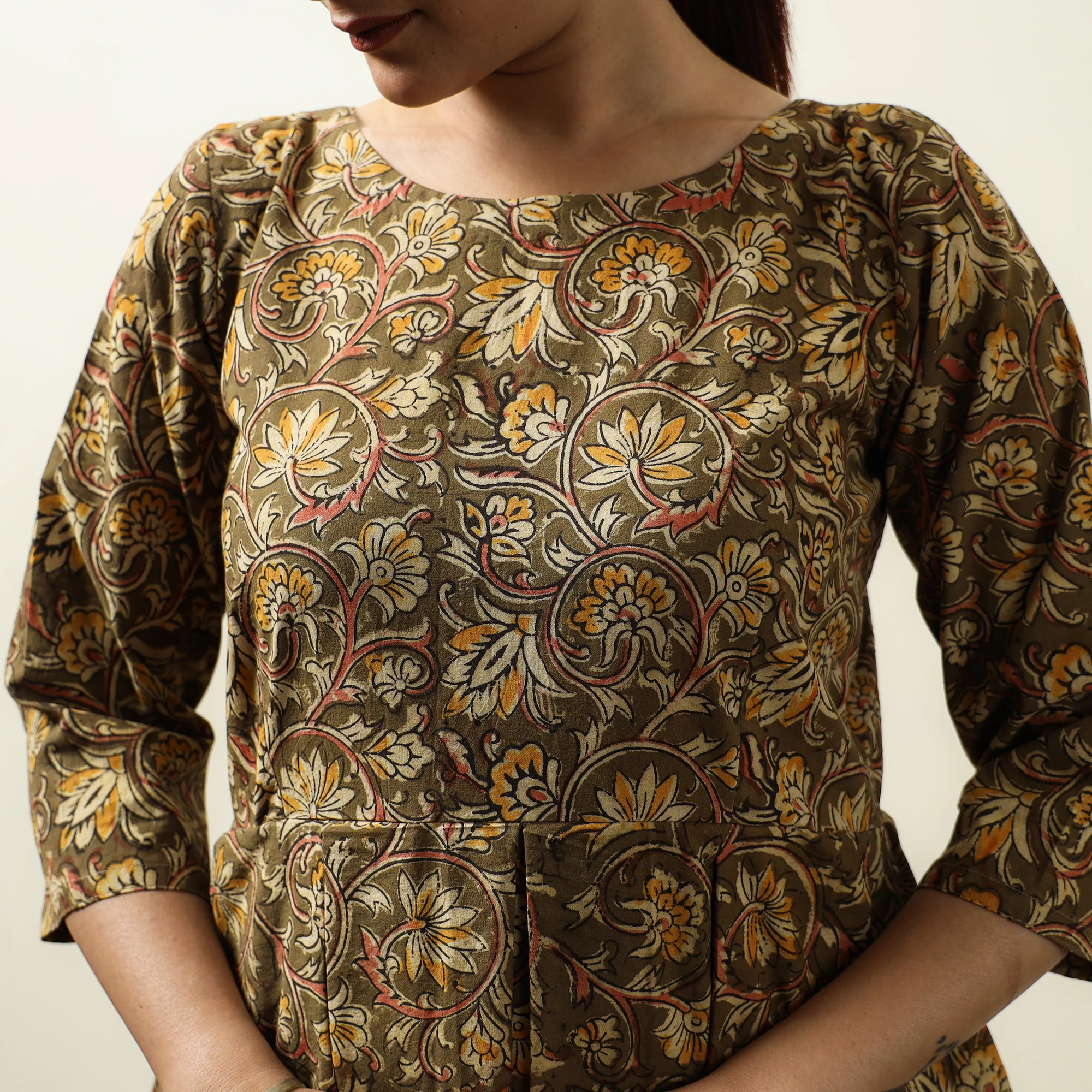 Brown - Kalamkari Block Printed Cotton Flared Gher Short Dress 10 - Image 4
