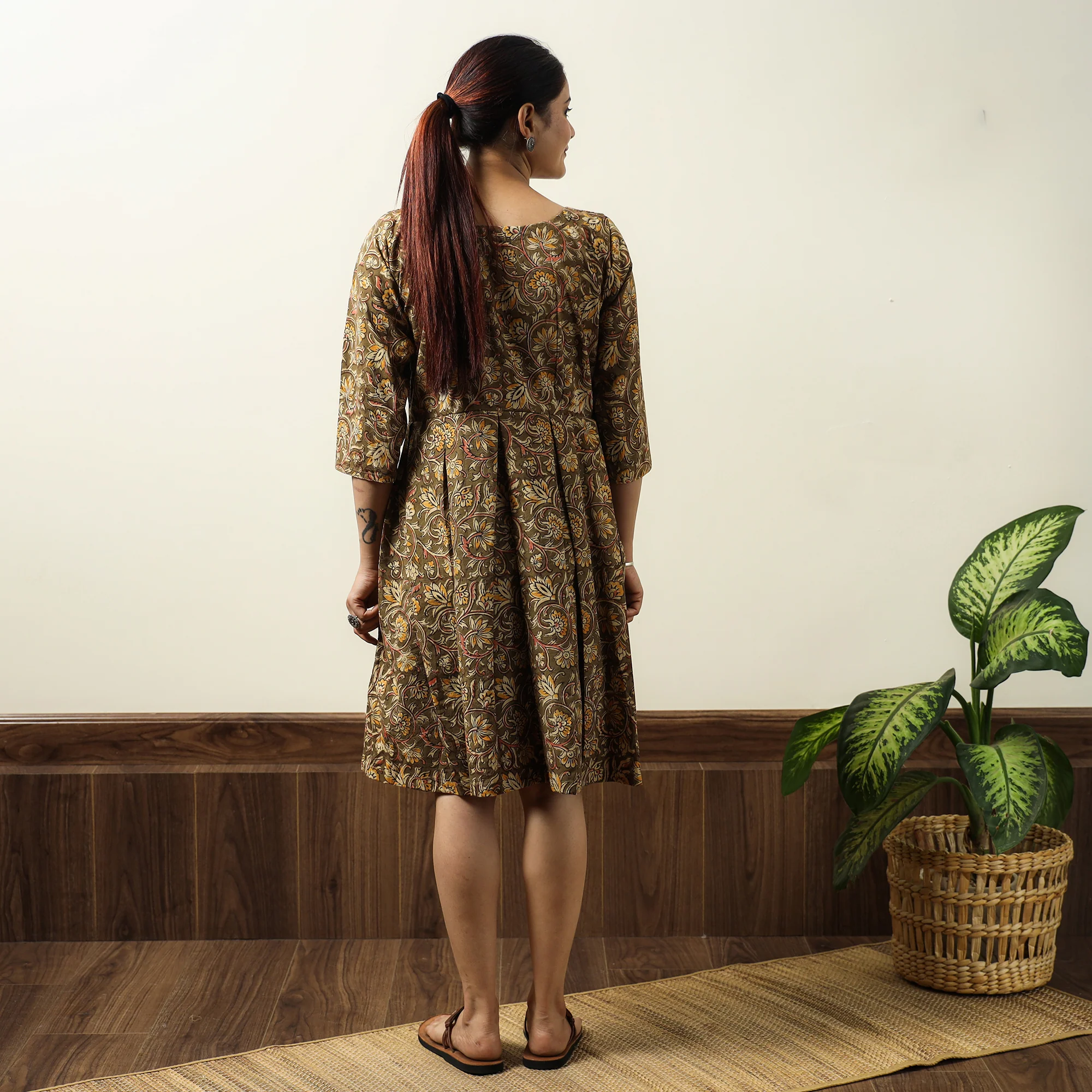 Brown - Kalamkari Block Printed Cotton Flared Gher Short Dress 10 - Image 6
