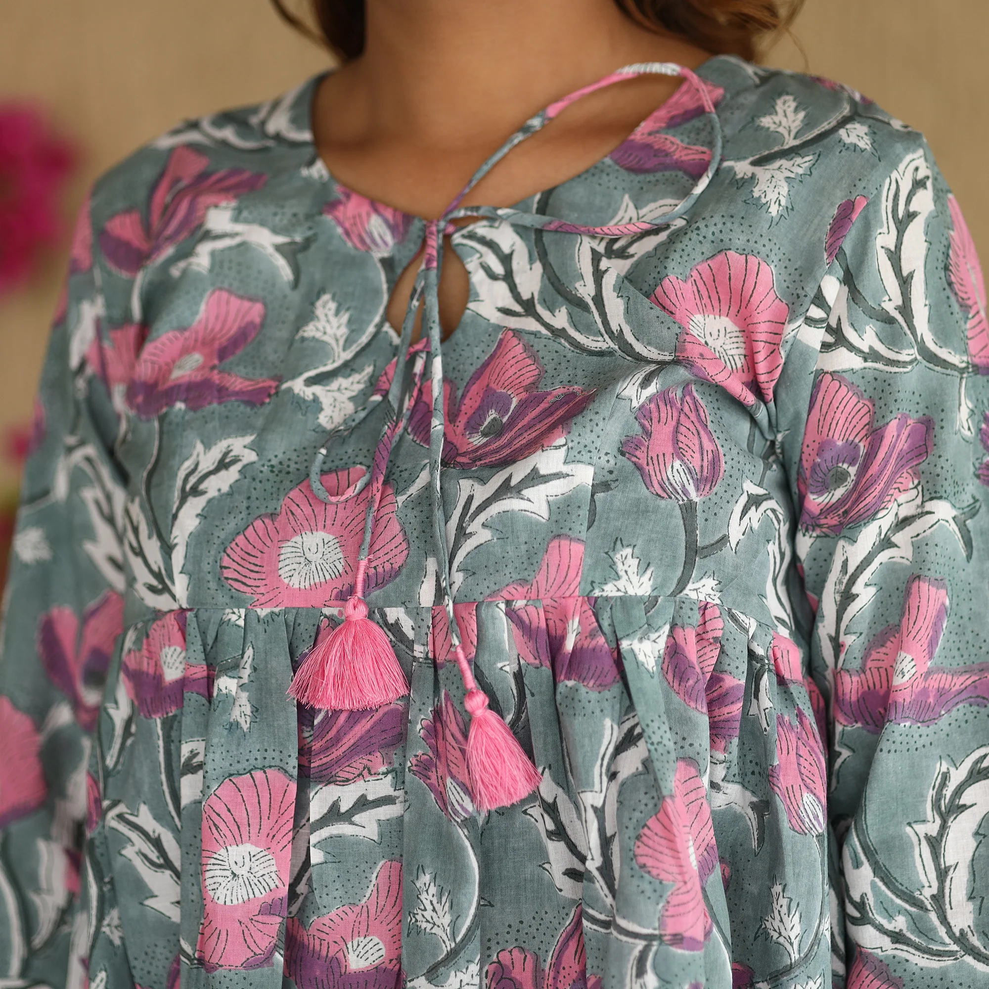Green - Sanganeri Hand Block Printed Full Sleeve Cotton Crop Top 01 - Image 6