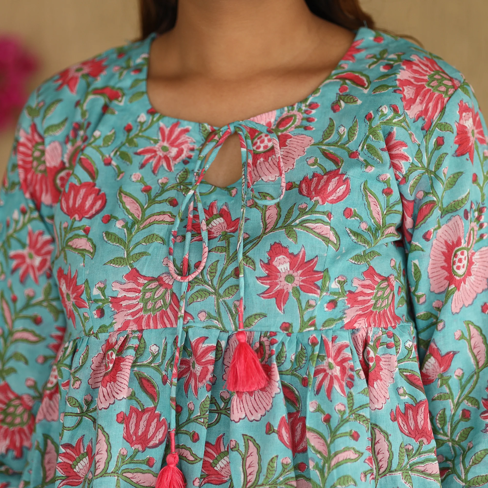 Green - Sanganeri Hand Block Printed Full Sleeve Cotton Crop Top 04 - Image 6