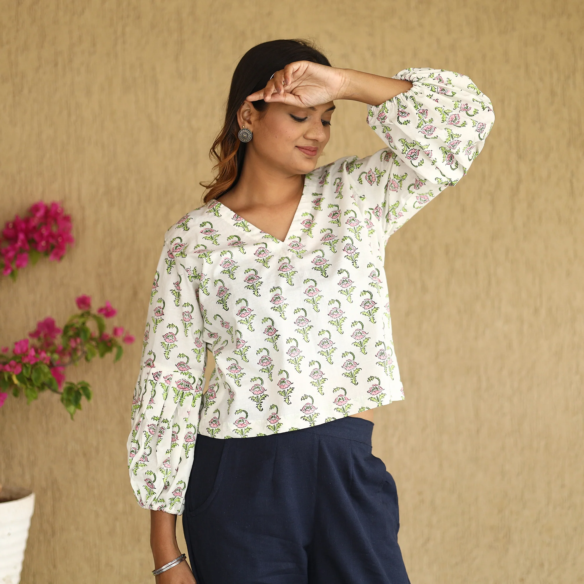 White - Sanganeri Hand Block Printed Full Sleeve Cotton Crop Top 08 - Image 2