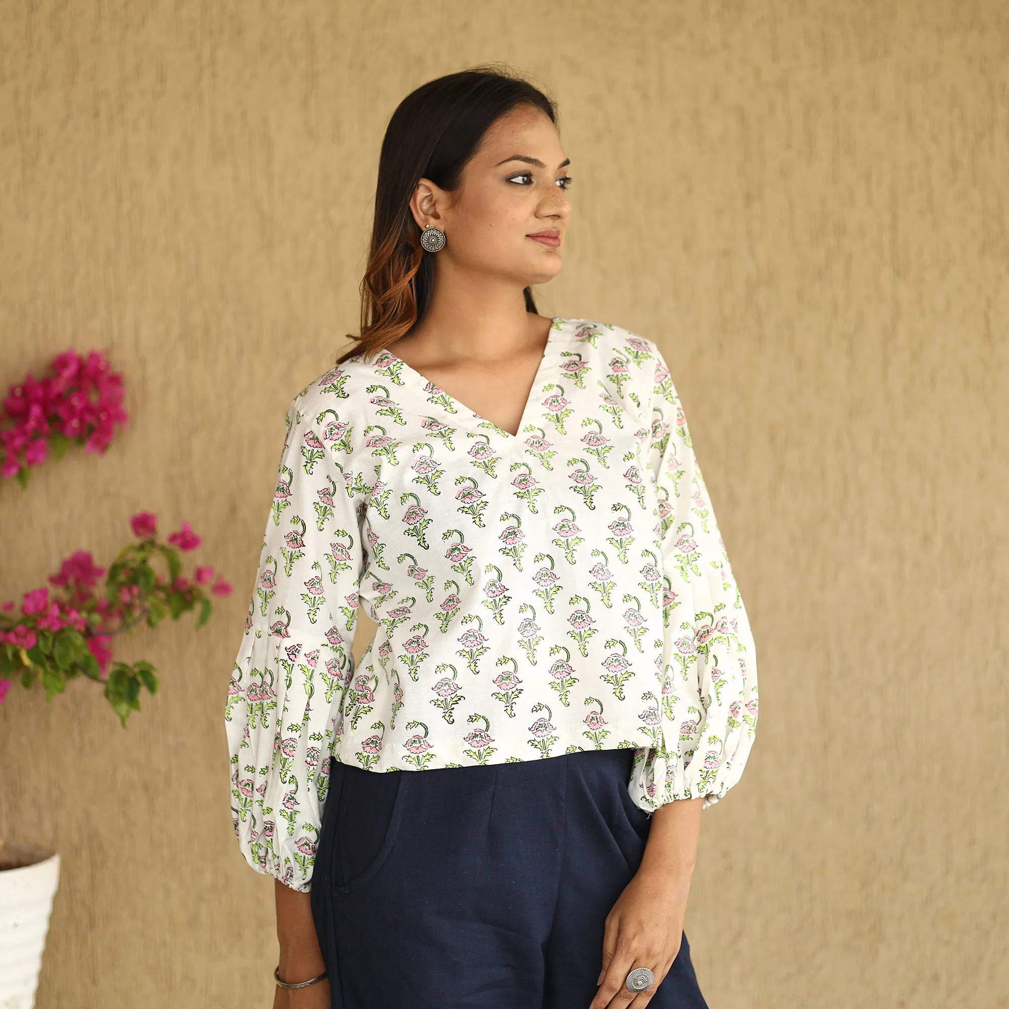 White - Sanganeri Hand Block Printed Full Sleeve Cotton Crop Top 08 - Image 3