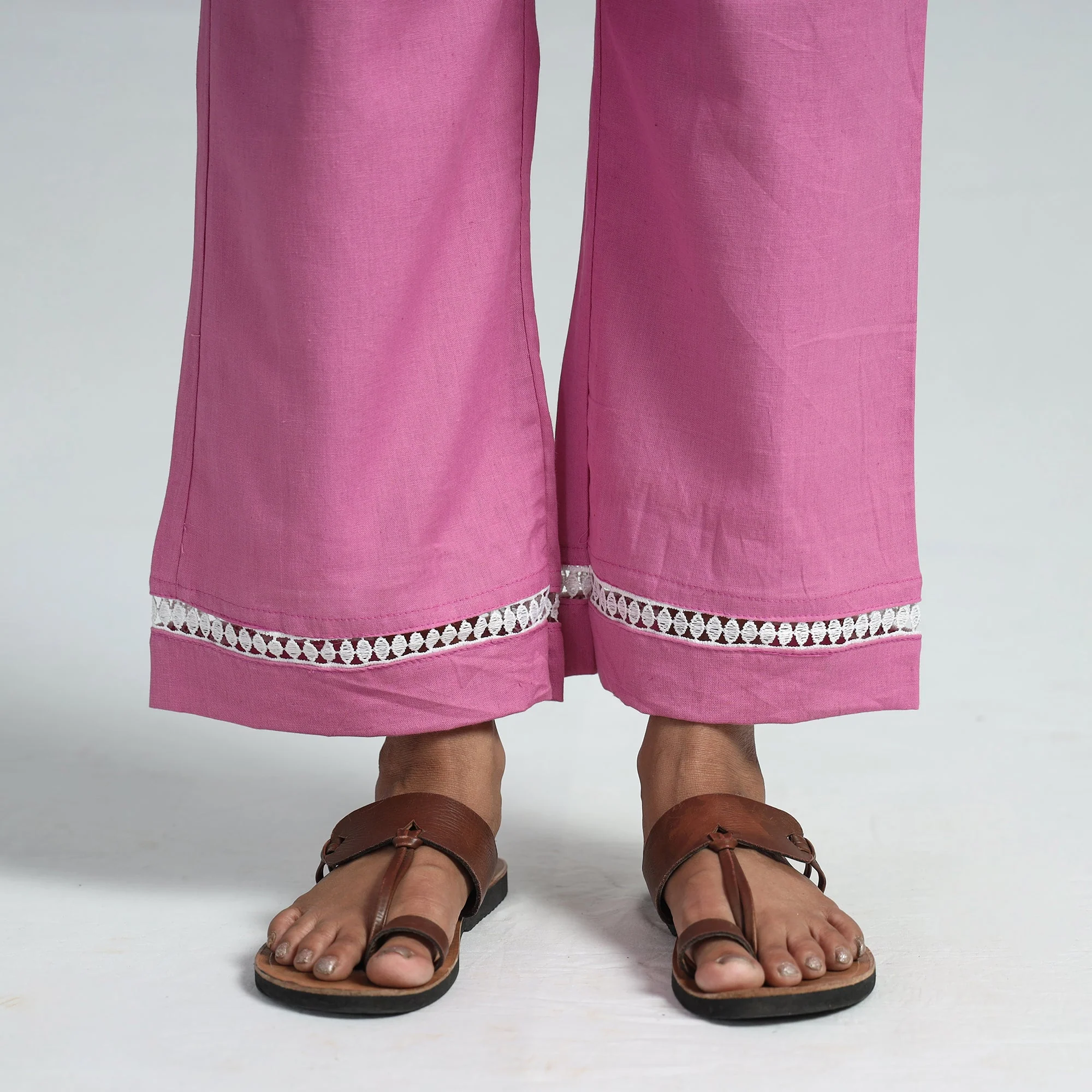Pink - Plain Flex Cotton Elasticated Palazzo with Lace Work 01 - Image 4