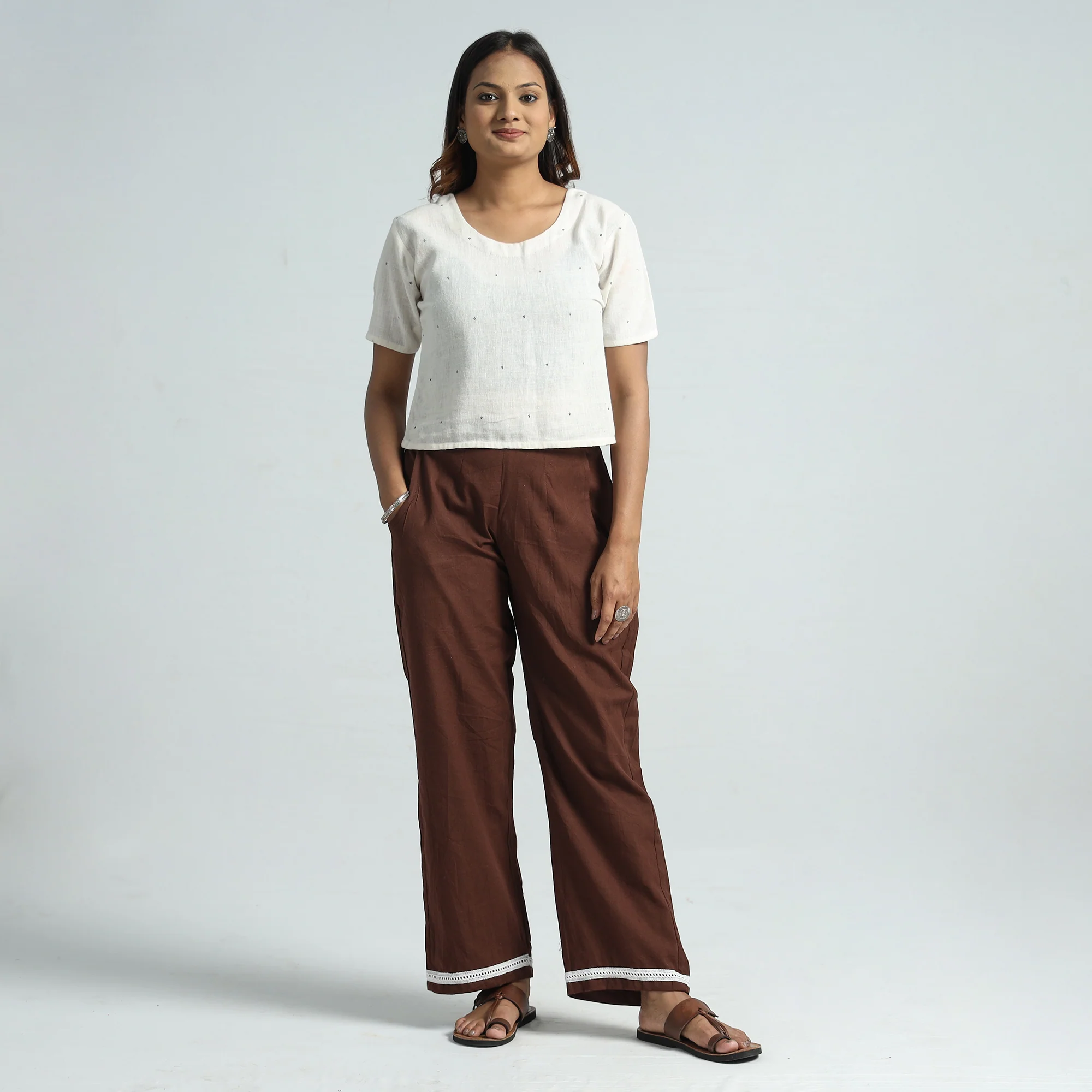Dark Brown - Plain Flex Cotton Elasticated Palazzo with Lace Work 02 - Image 2