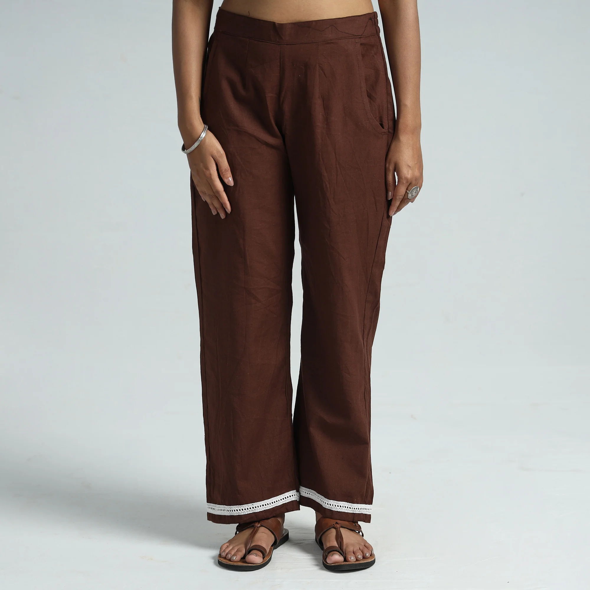 Dark Brown - Plain Flex Cotton Elasticated Palazzo with Lace Work 02 - Image 3