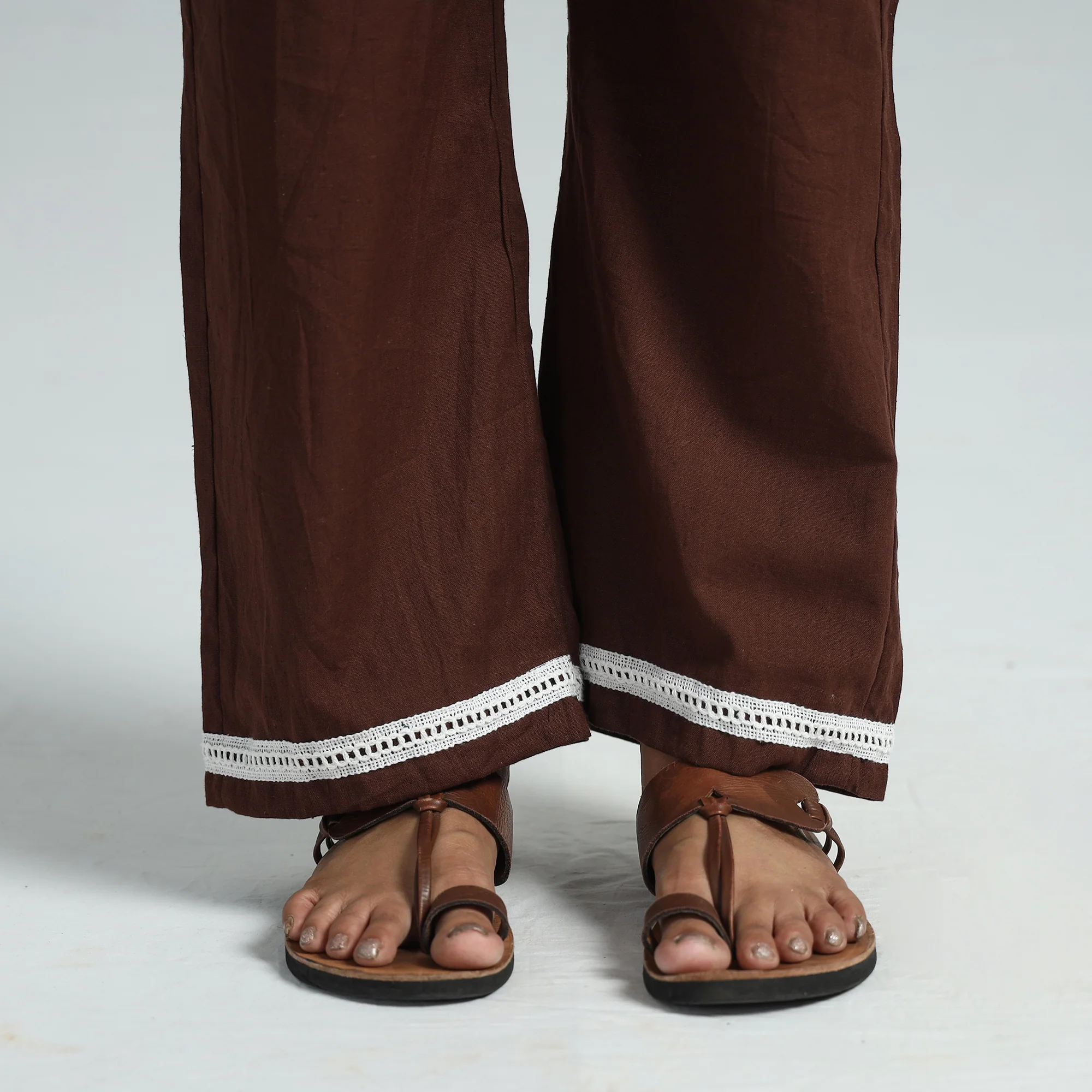 Dark Brown - Plain Flex Cotton Elasticated Palazzo with Lace Work 02 - Image 4