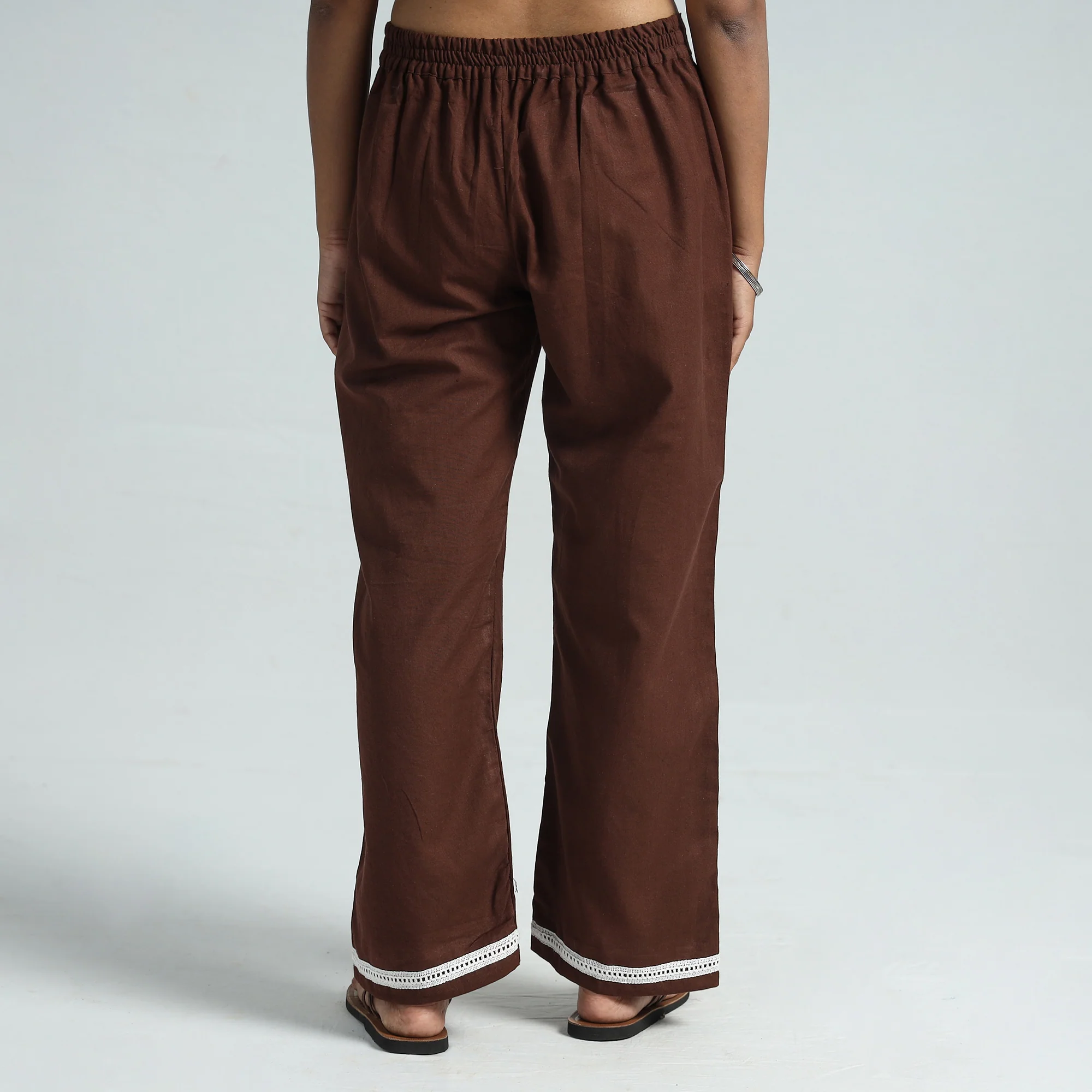 Dark Brown - Plain Flex Cotton Elasticated Palazzo with Lace Work 02 - Image 5