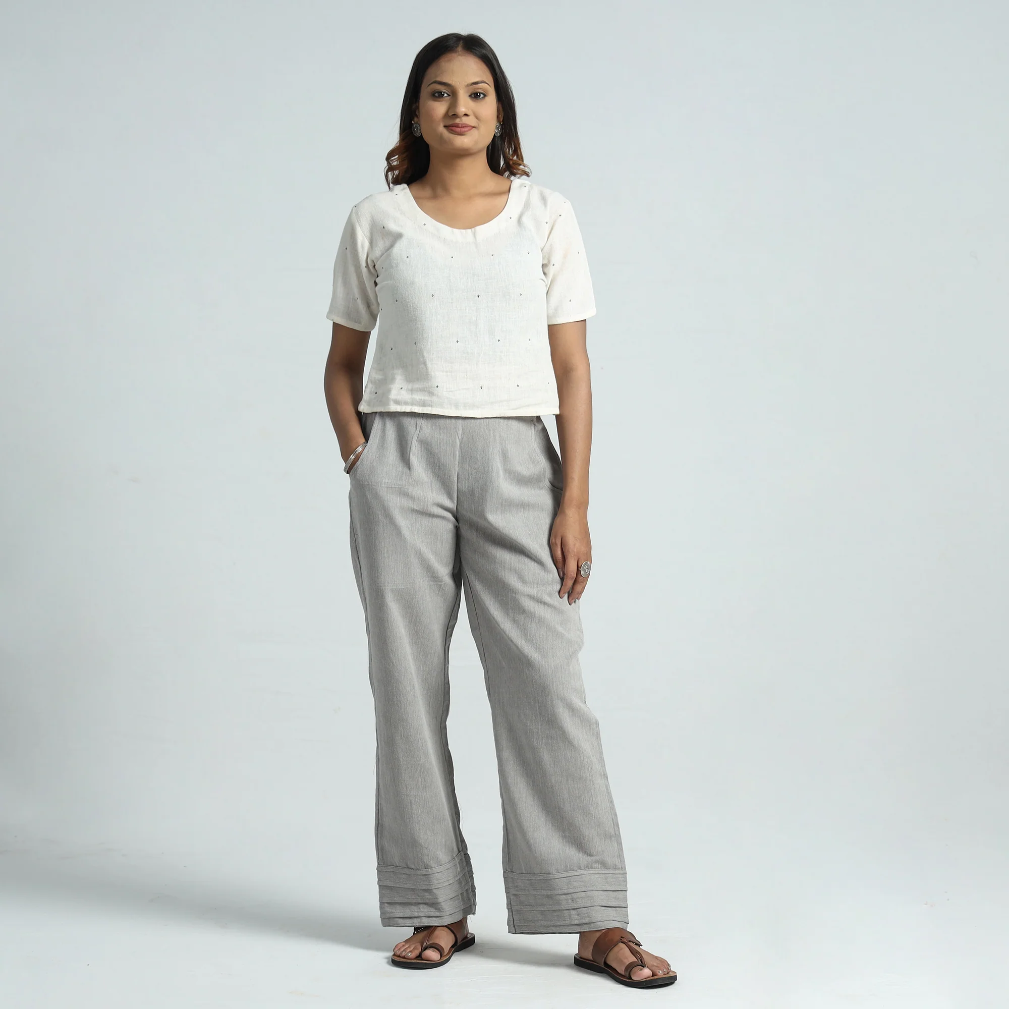 Light Grey - Plain Handloom Jhiri Cotton Elasticated Palazzo 15 - Image 2