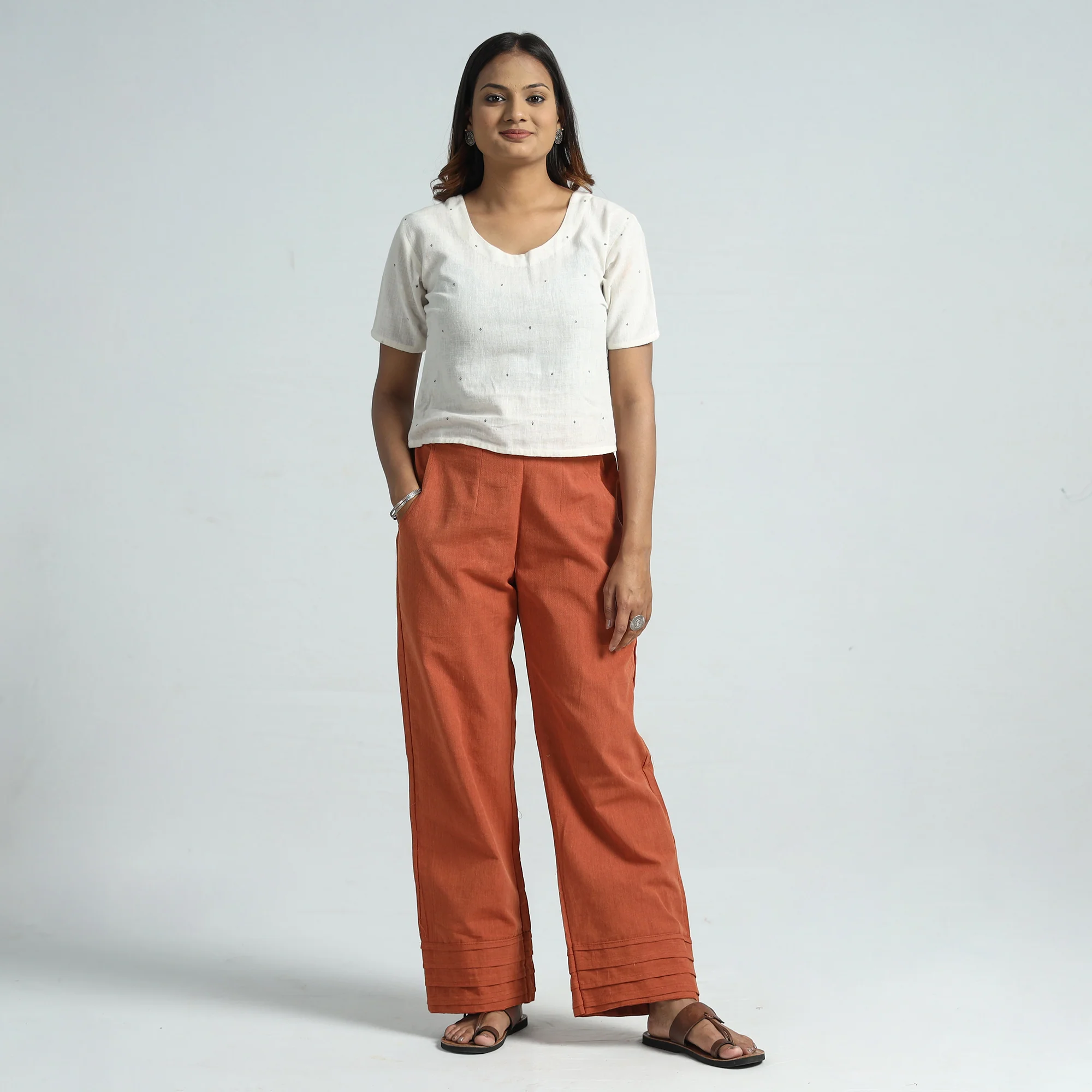 Orange - Plain Handloom Jhiri Cotton Elasticated Palazzo 16 - Image 2