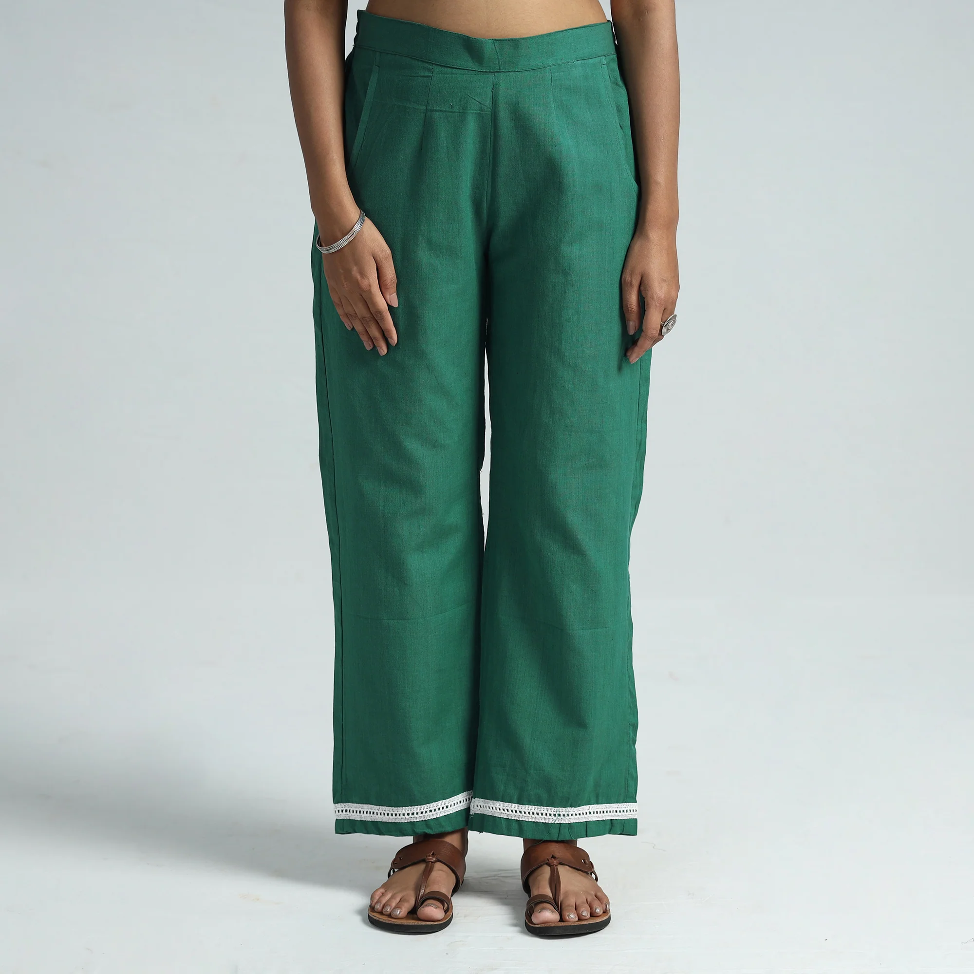 Forest Green - Plain Handloom Jhiri Cotton Elasticated Palazzo with Lace Work 17 - Image 2