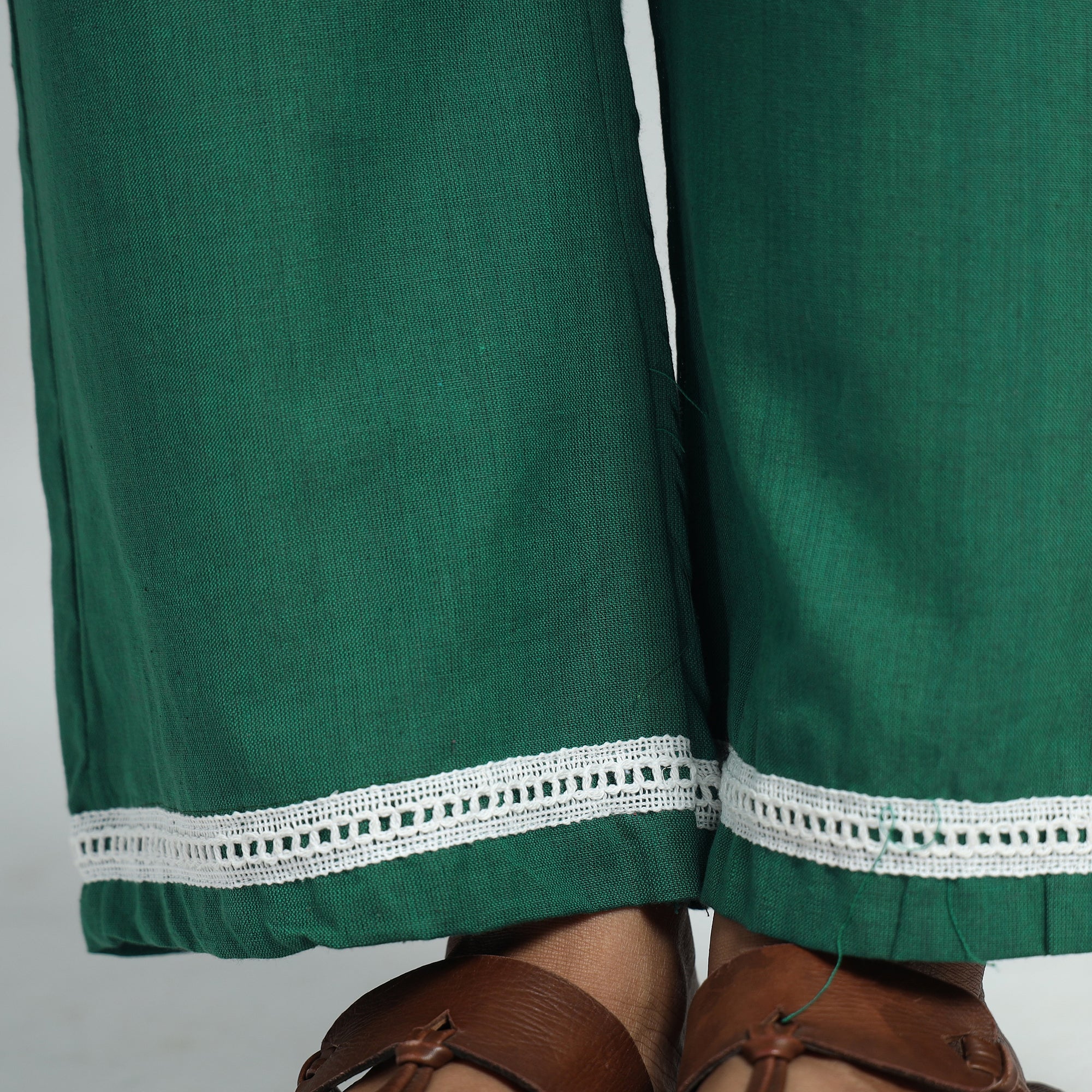 Forest Green - Plain Handloom Jhiri Cotton Elasticated Palazzo with Lace Work 17 - Image 3